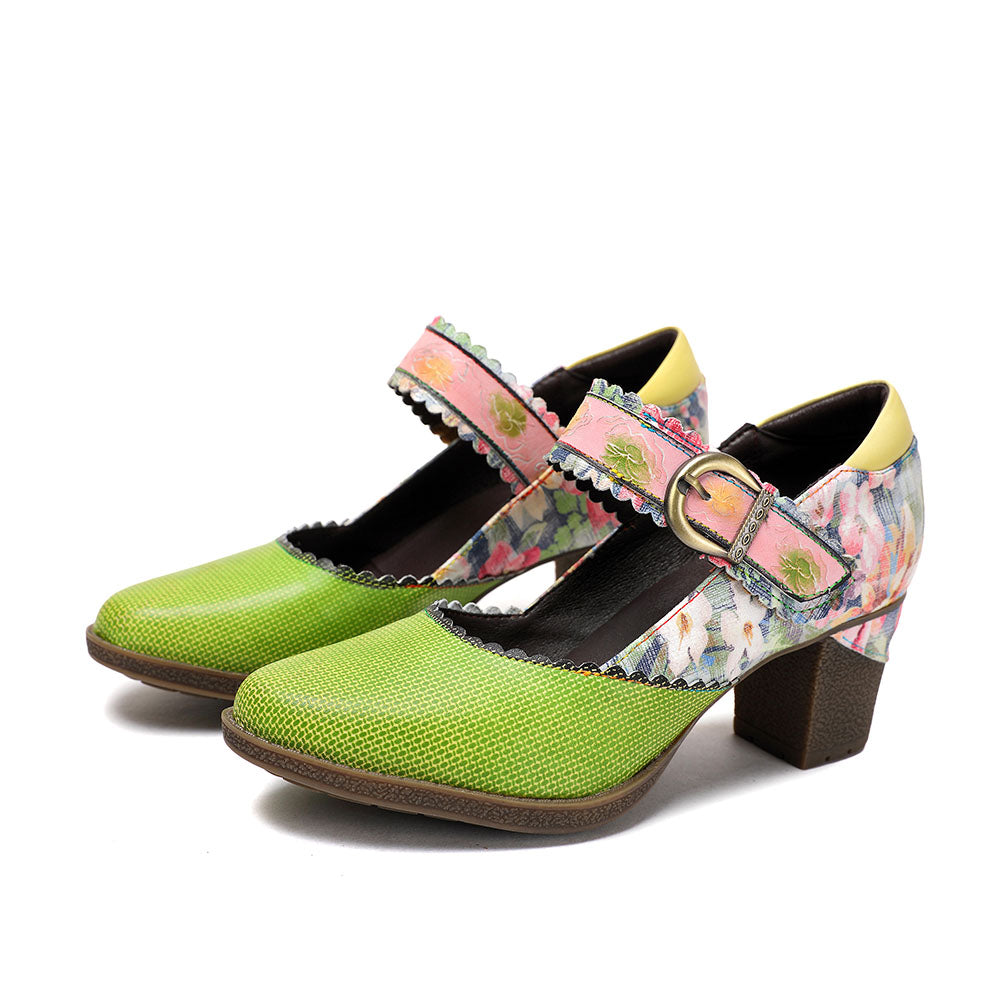 Round Toe Elegant Cowhide Loafer Green Pumps