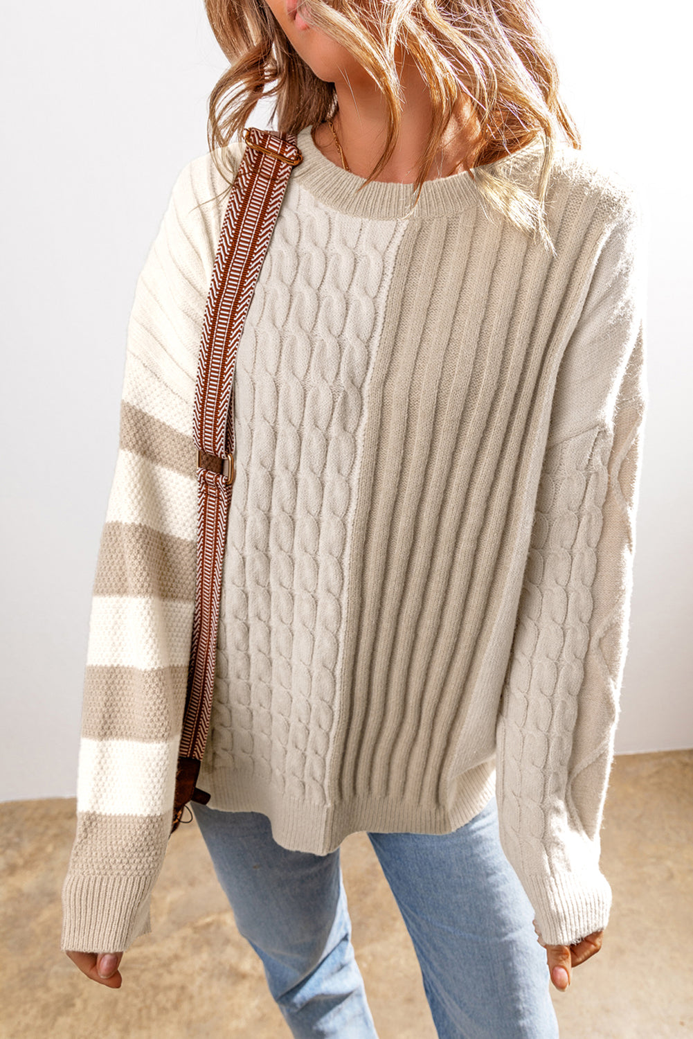 Khaki Cable Knit Colorblock Drop Shoulder Sweater