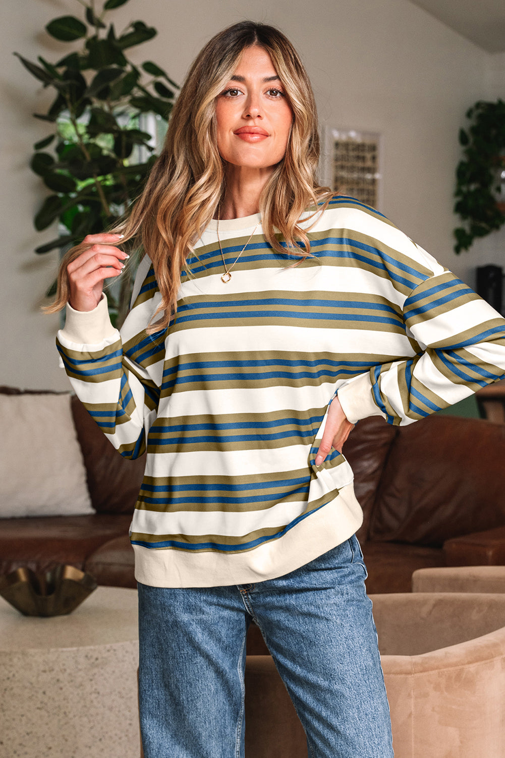 Khaki striped drop shoulder pullover sweatshirt