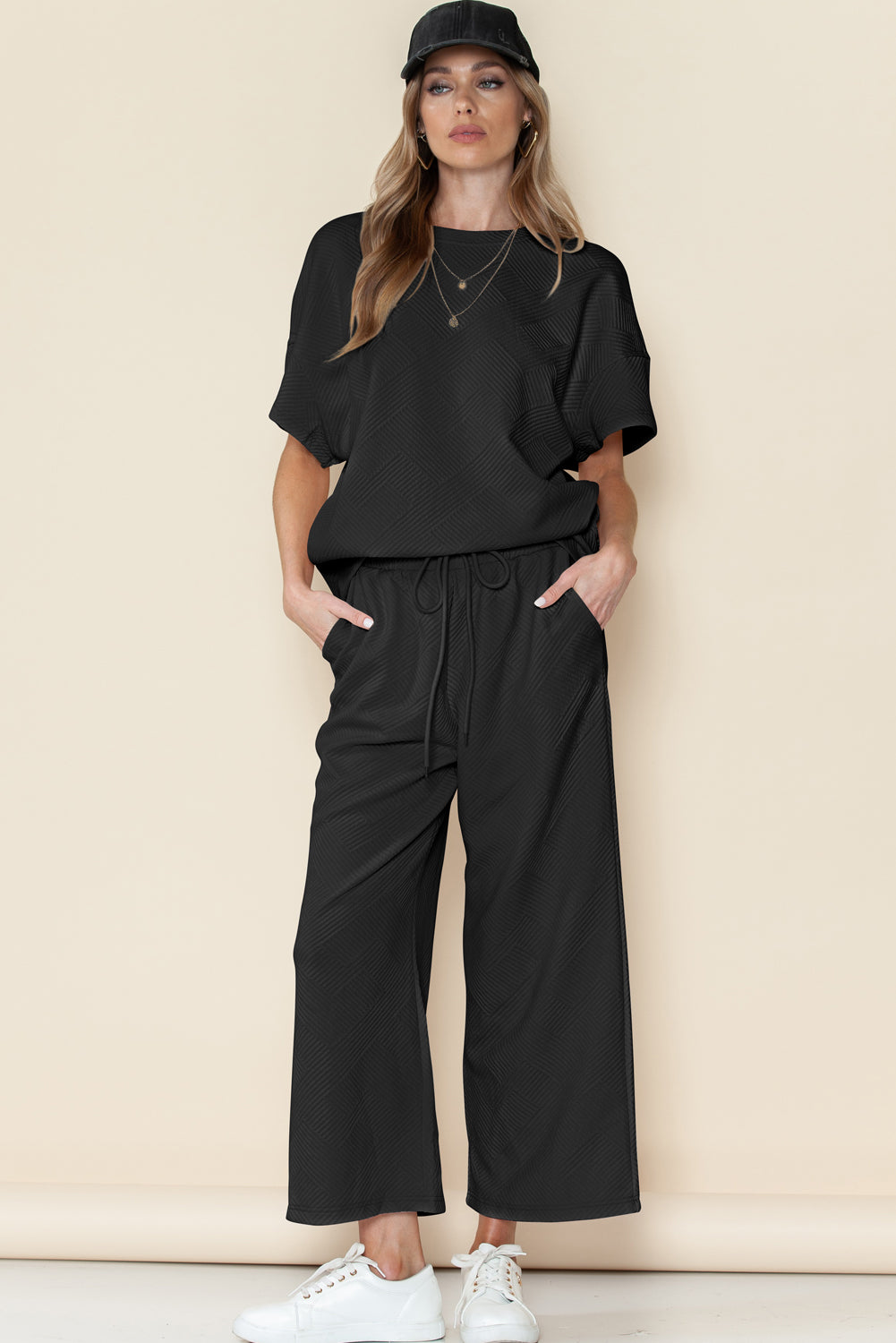 Textured Loose Fit Tee and Pants Set