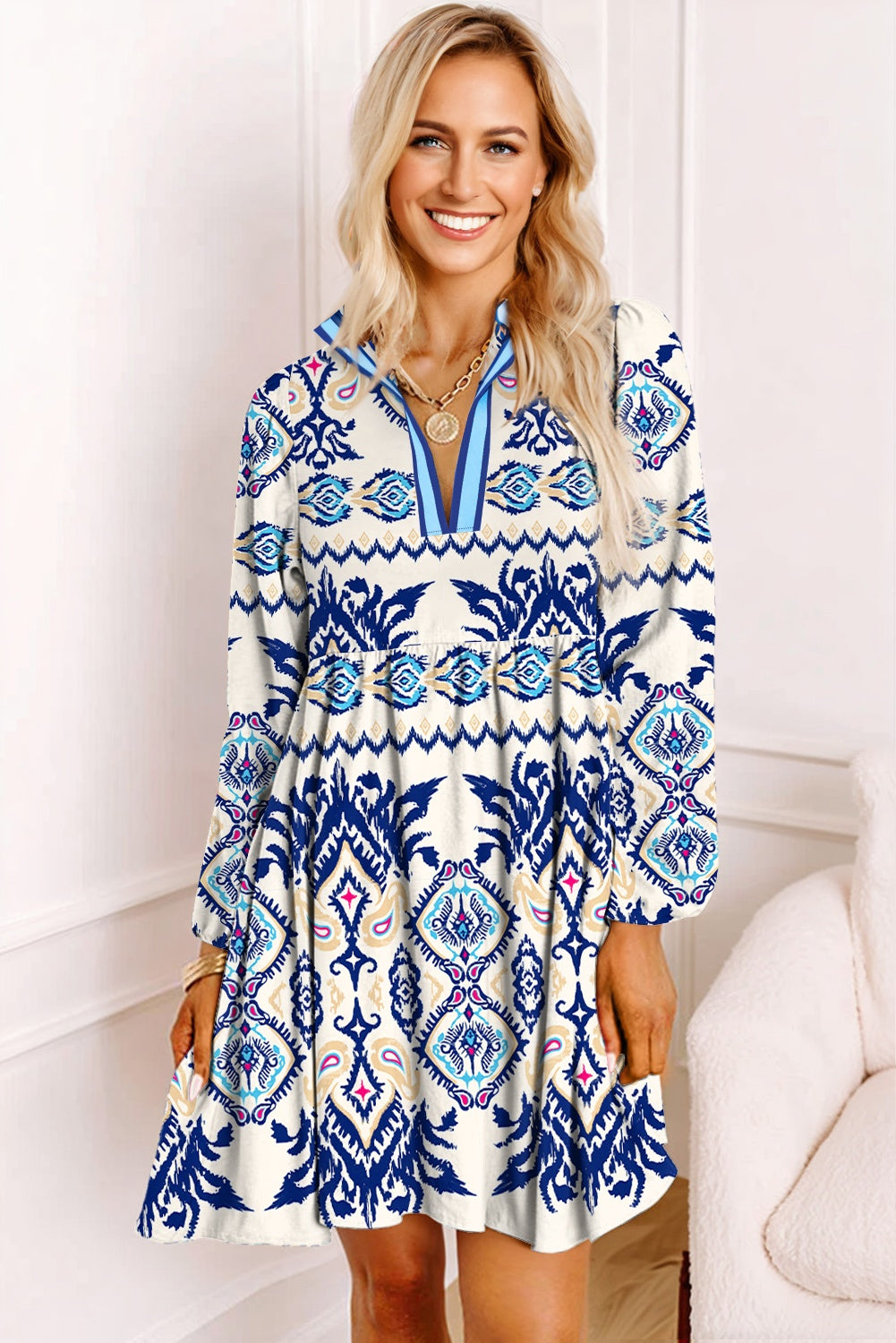 Boho Print Split Neck Long Sleeve Flowy Mini Dress