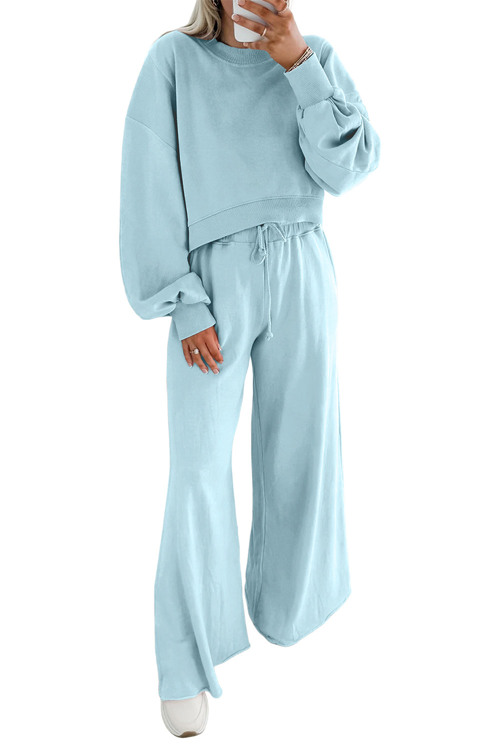 Drop Shoulder Crop Pullover Drawstring Wide Leg Pants Set
