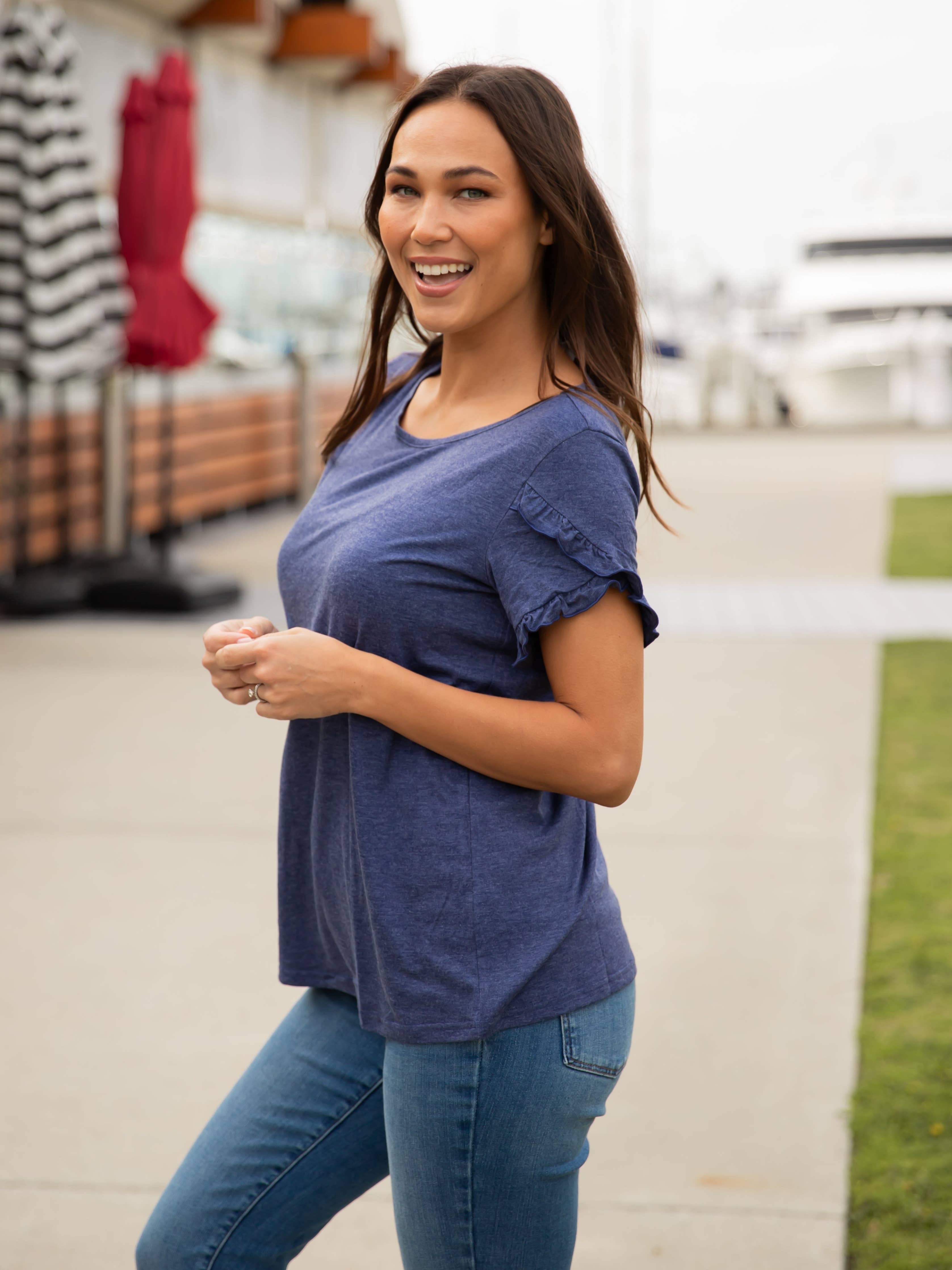 Tickled Teal - Ruffle Detail Short Sleeve Top