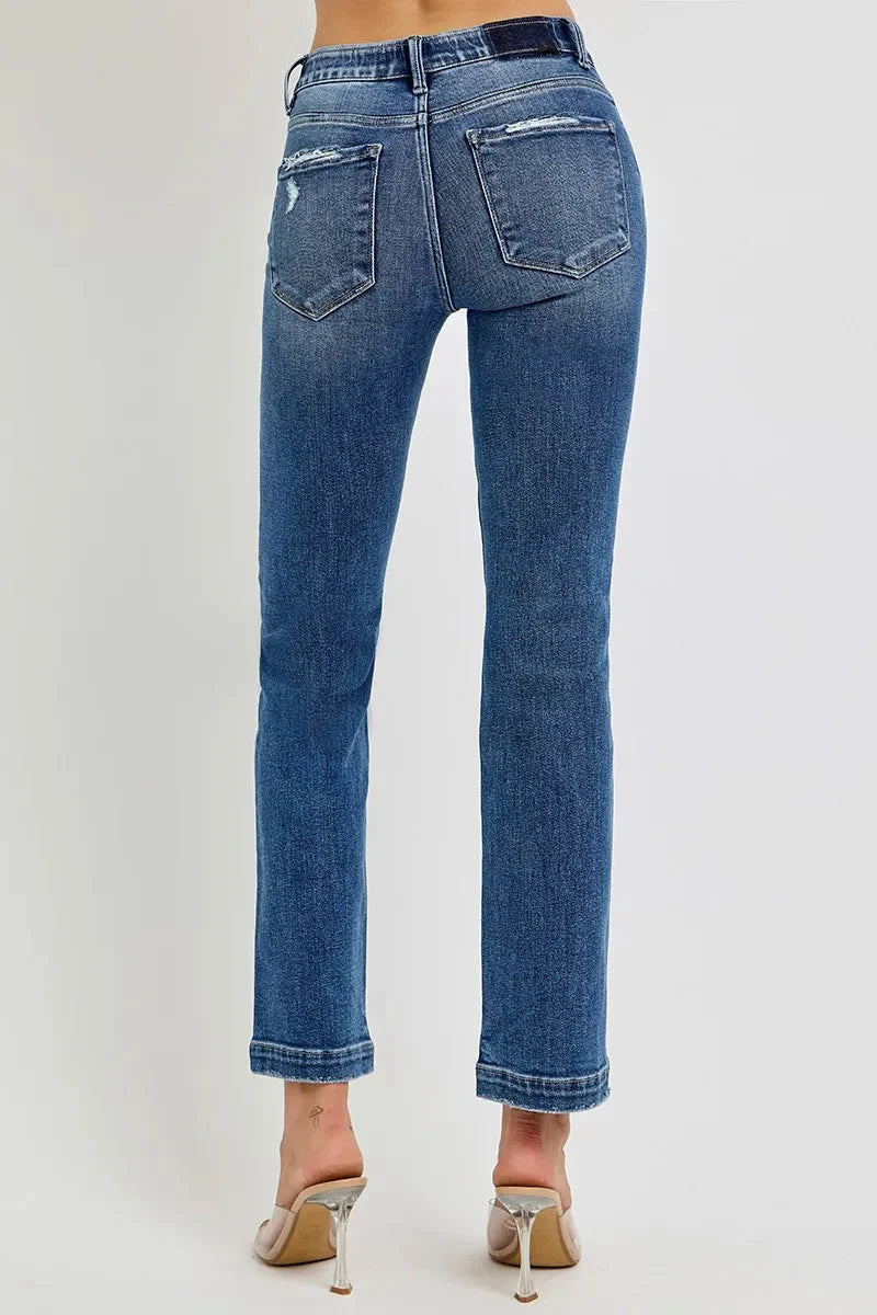 Tummy Control Elastic Band Mid Rise Straight Jeans
