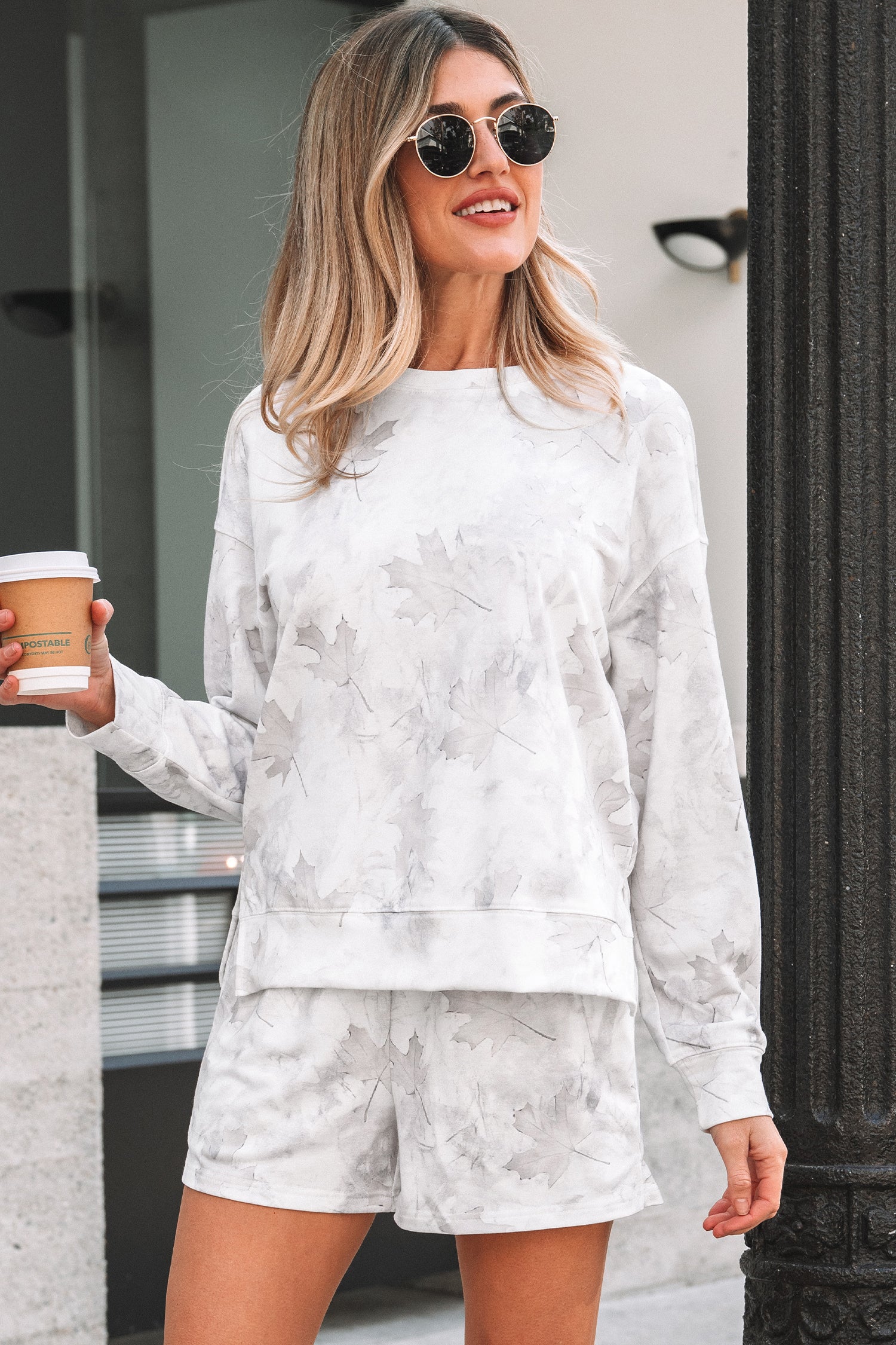 Beige Maple Camo Top and Elastic Waist Short Set