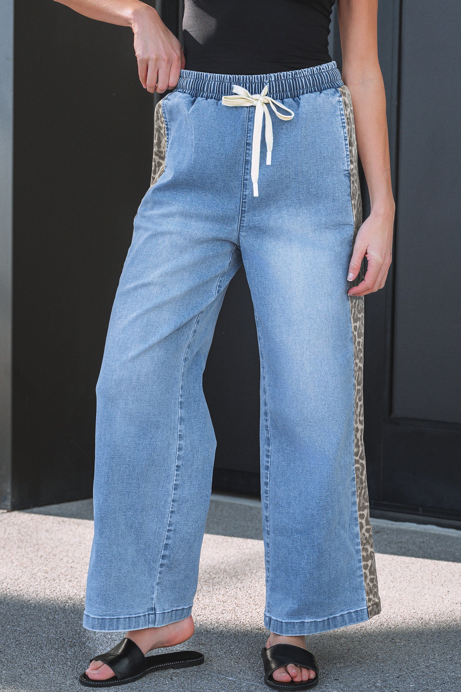PRE-ORDER: Beau Blue Drawstring Elastic Waist Leopard Striped Side Panel Wide Leg Jeans