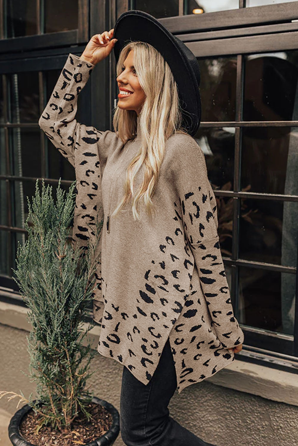 PRE-ORDER: Leopard Casual Side Slit High Neck Oversized Sweater