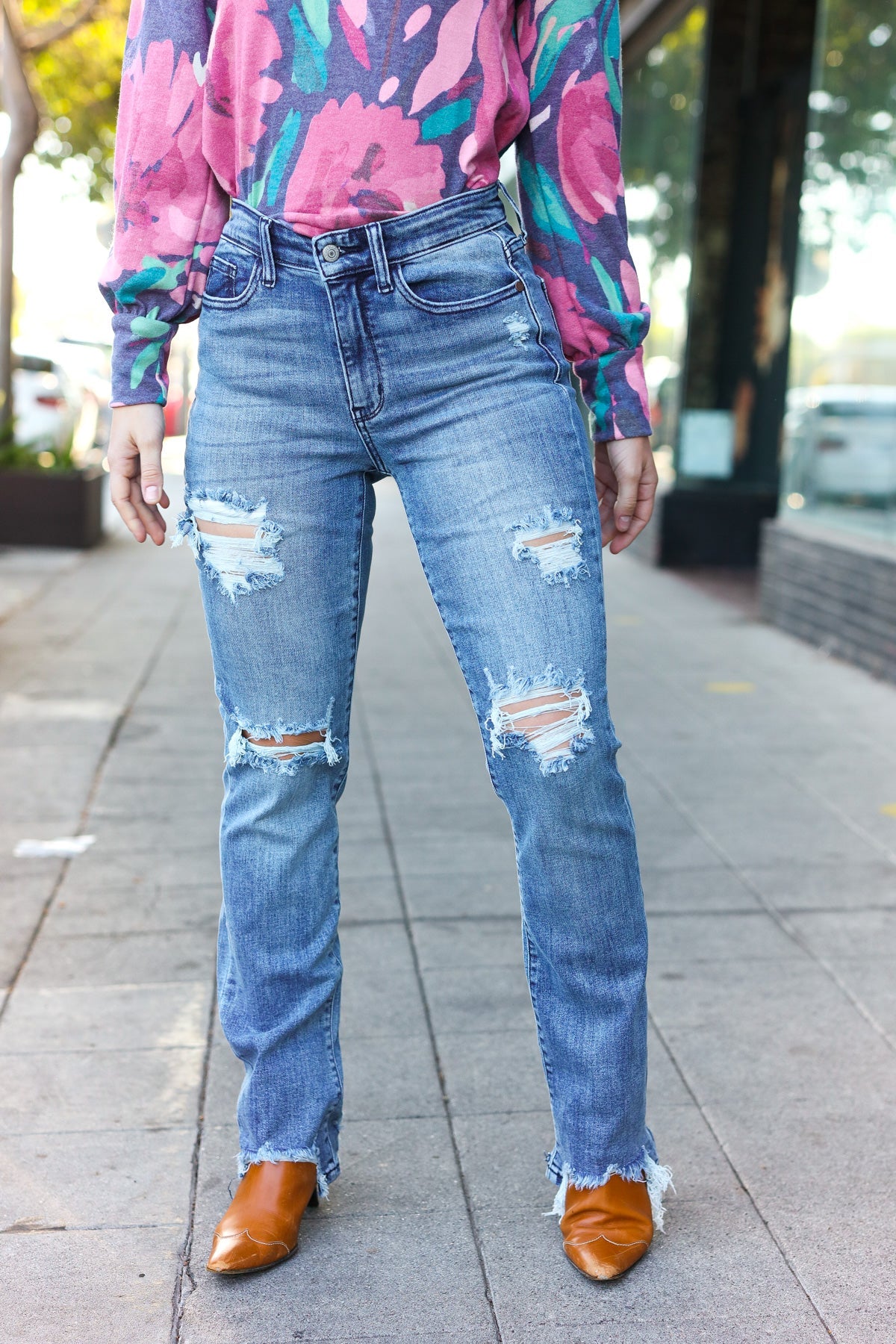 Medium Wash Mid Rise Distressed Straight Leg Jeans