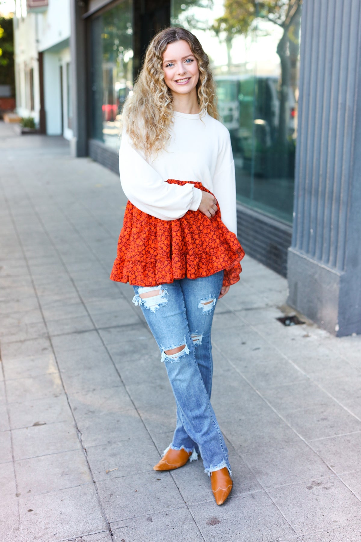 Star Struck Vintage Floral Oatmeal Tiered Babydoll Top
