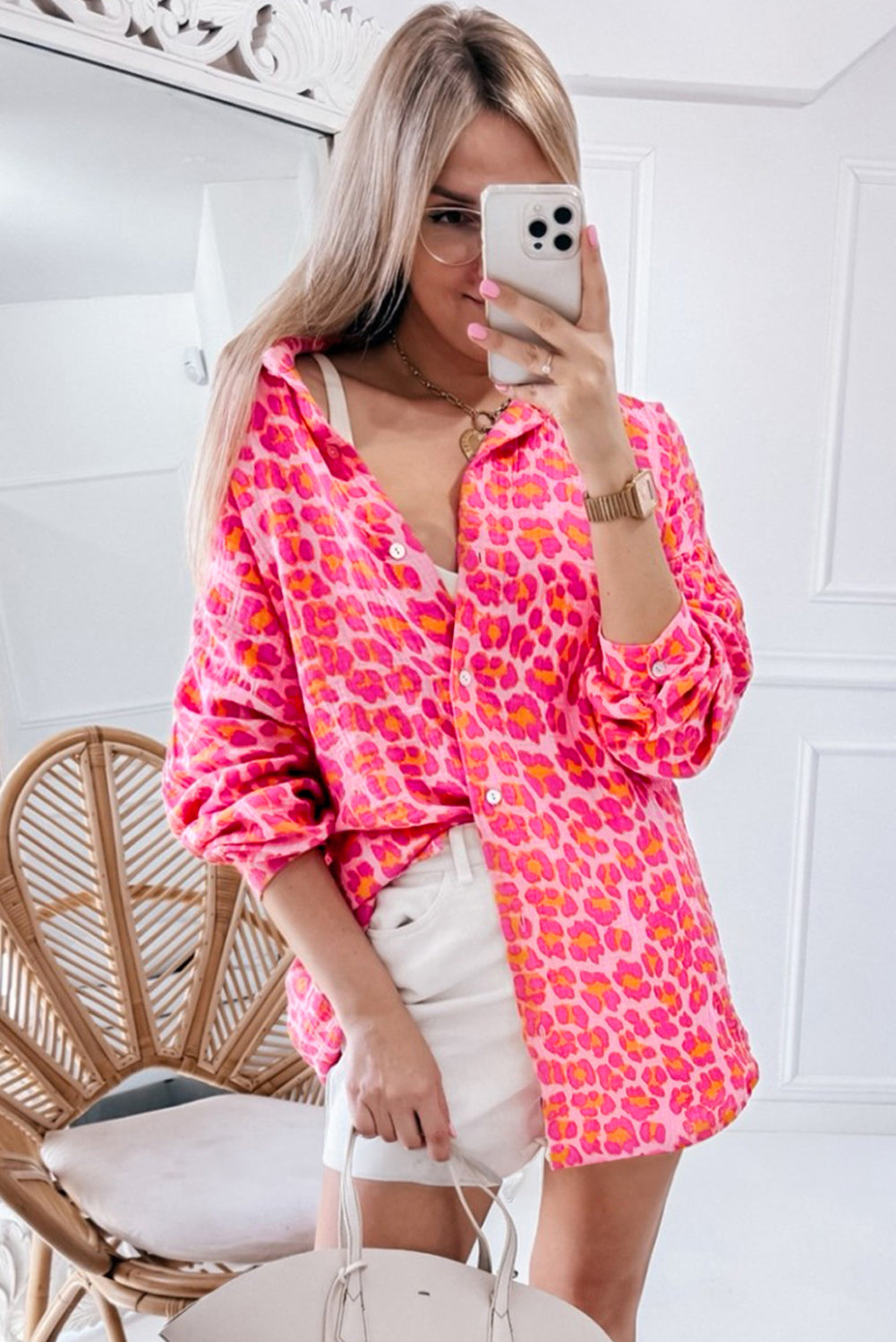 PRE-ORDER: Rose Leopard Print Button-Up Crinkle Shirt