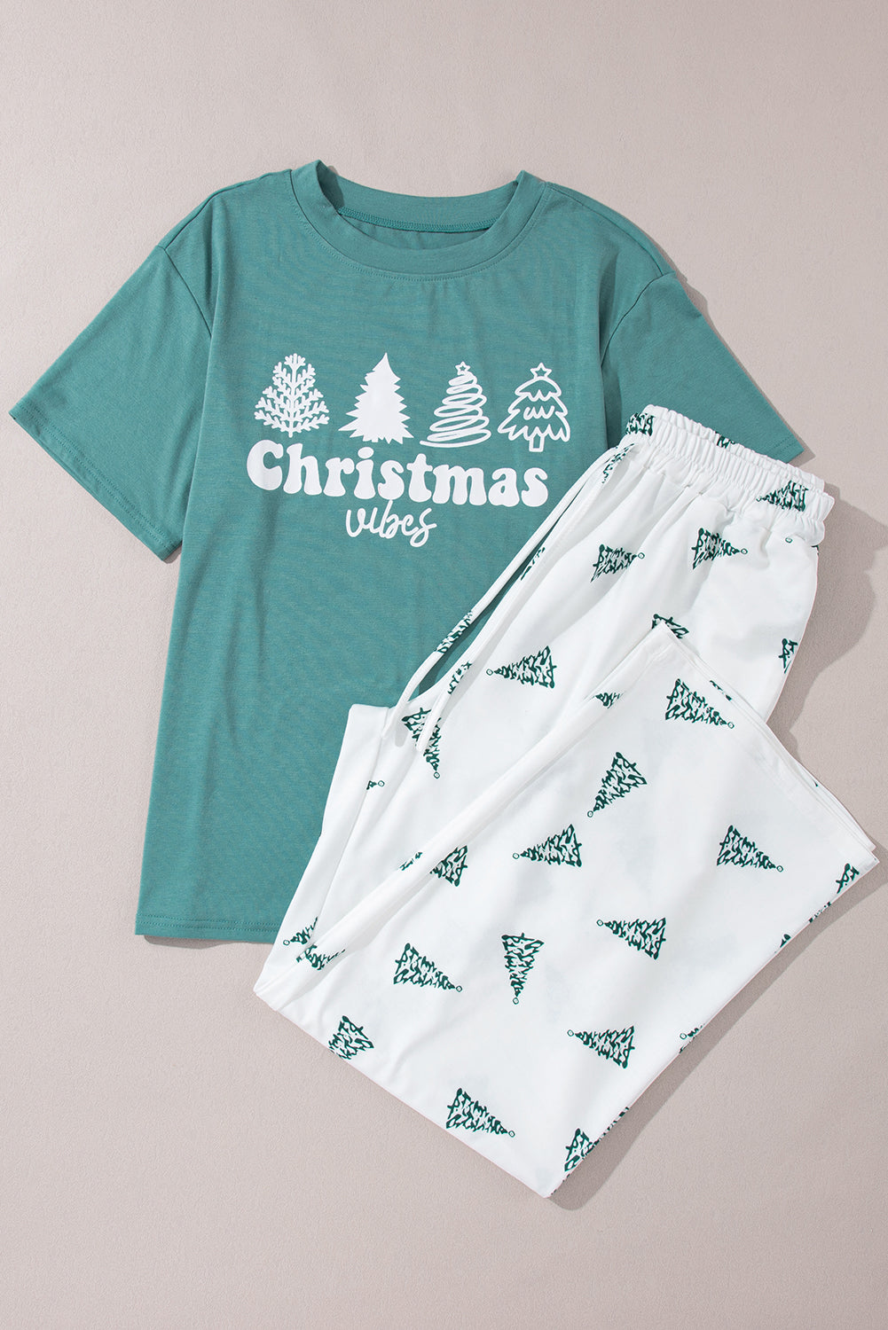 PRE-ORDER: Christmas Tree Print Tee & White Pants Loungewear Set