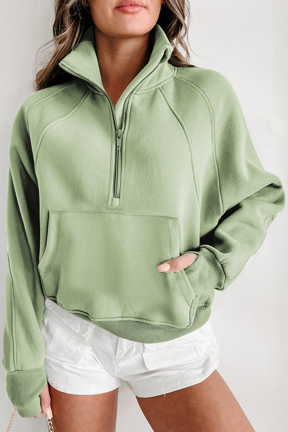 PRE-ORDER: Zip Up Stand Collar Thumbhole Sleeve Sweatshirt