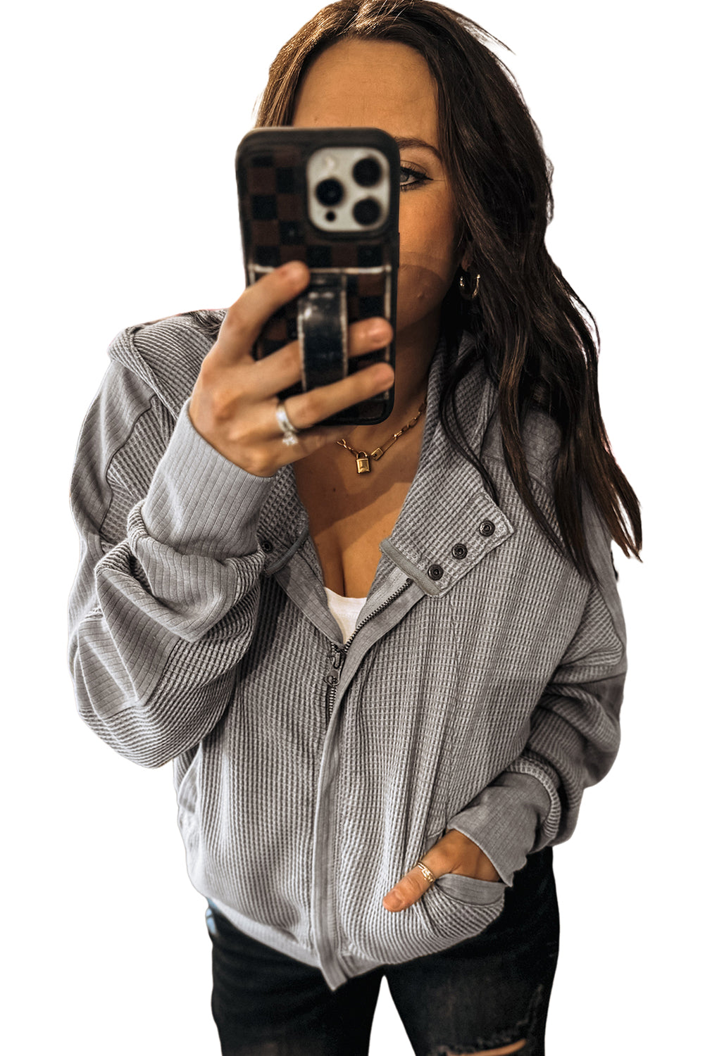 Waffle Splicing Zip Up Front Button Hooded Jacket