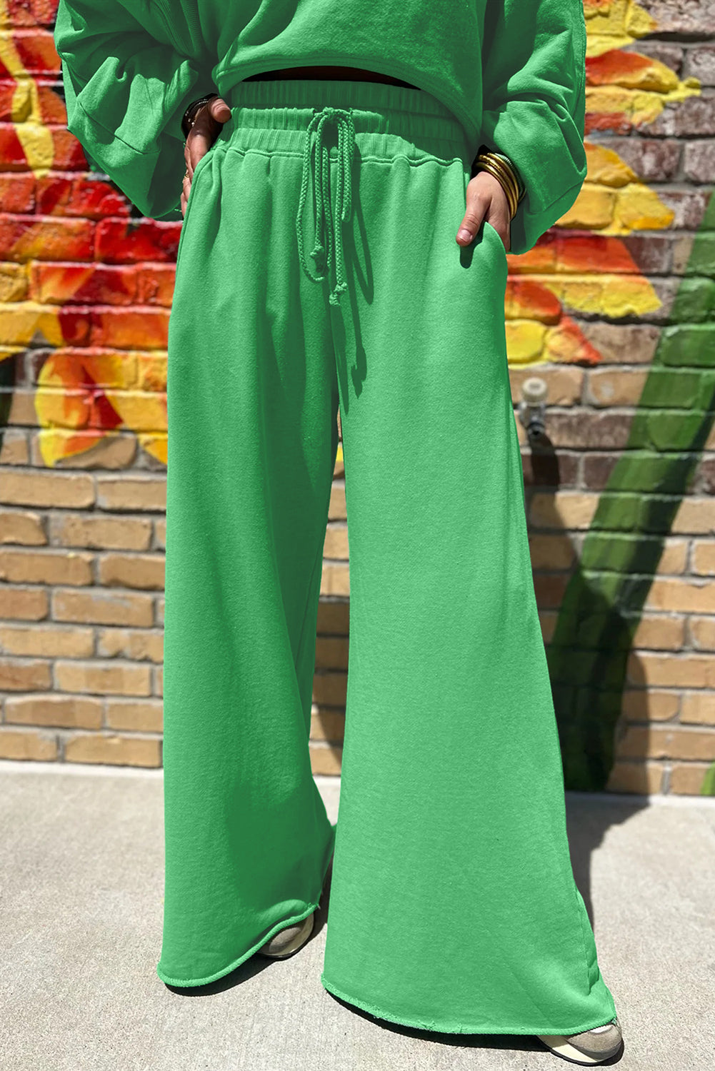 Drop Shoulder Crop Pullover Drawstring Wide Leg Pants Set