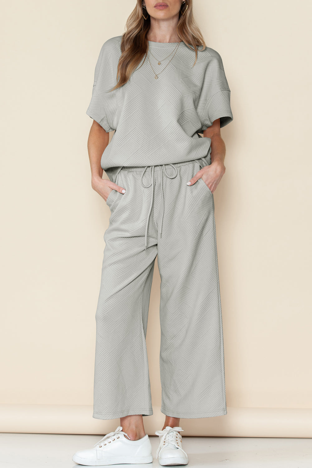 Textured Loose Fit Tee and Pants Set