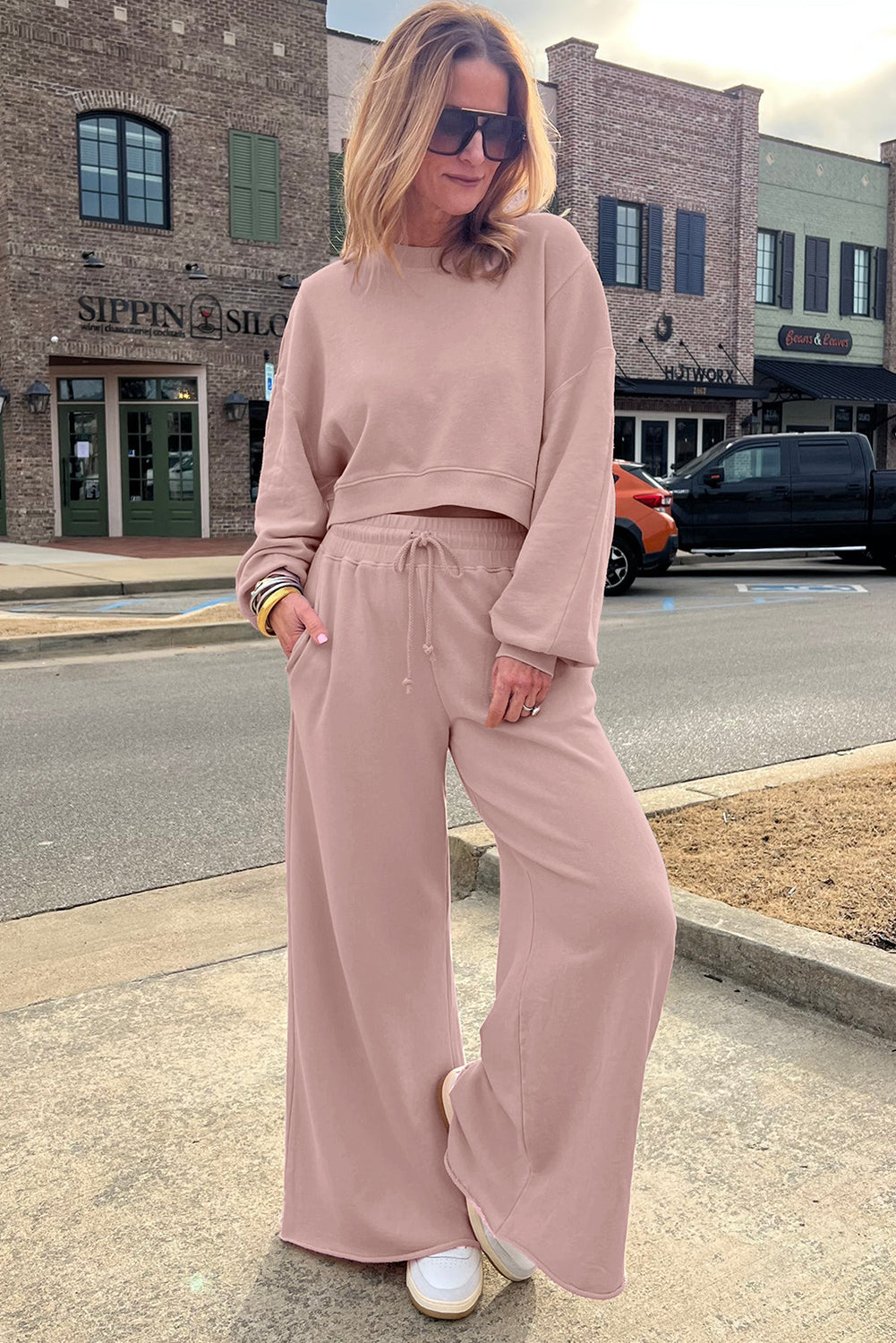 Drop Shoulder Crop Pullover Drawstring Wide Leg Pants Set