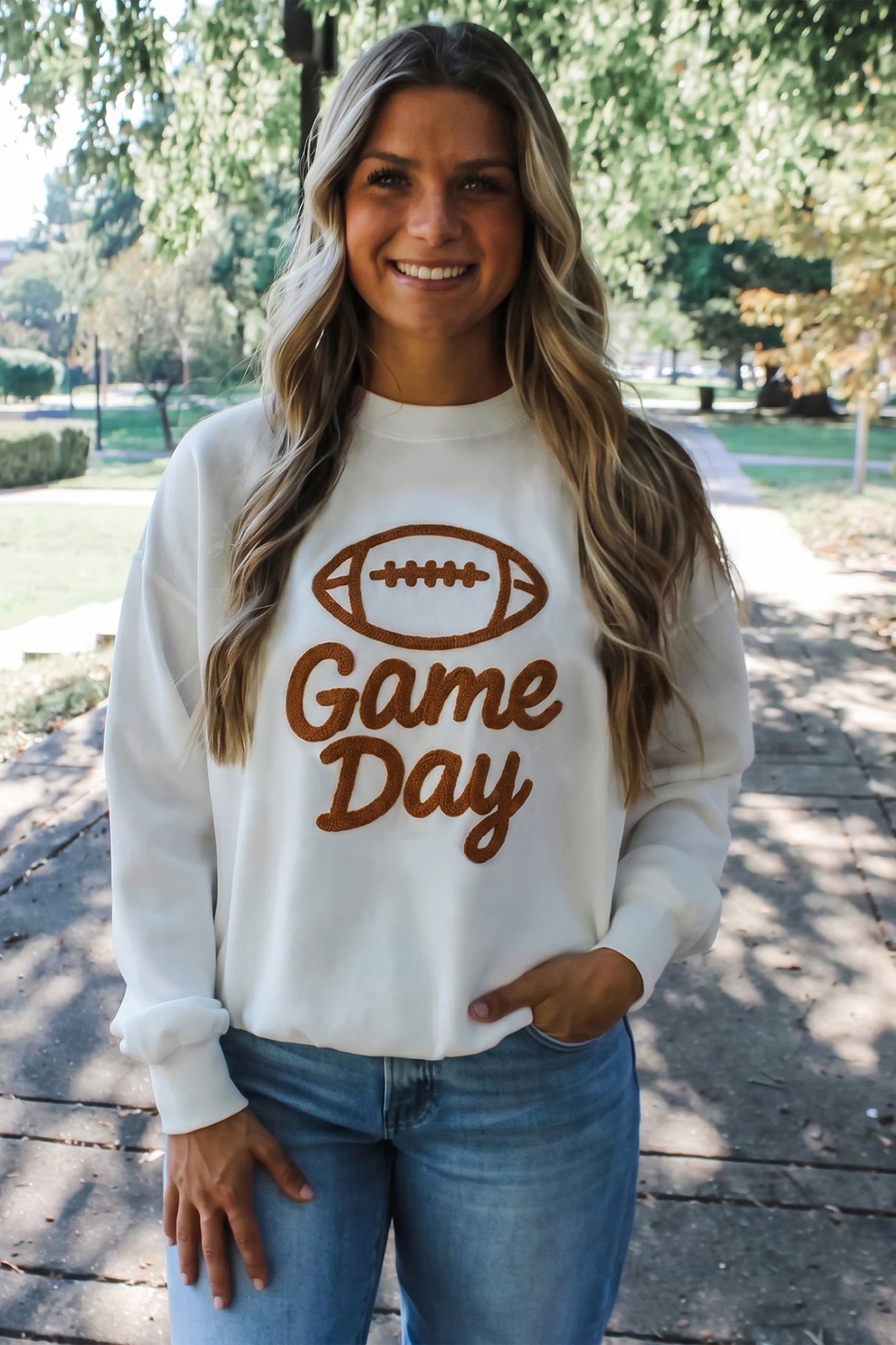 PRE-ORDER: White Embroidered Game Day Sweatshirt