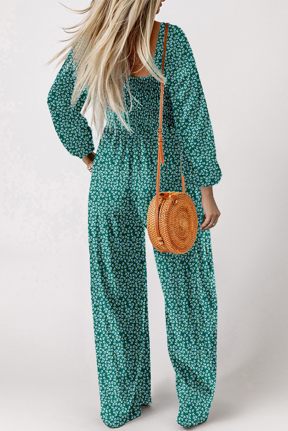 PRE-ORDER: Green Floral Print Shirred Bodice Wide Leg Jumpsuit