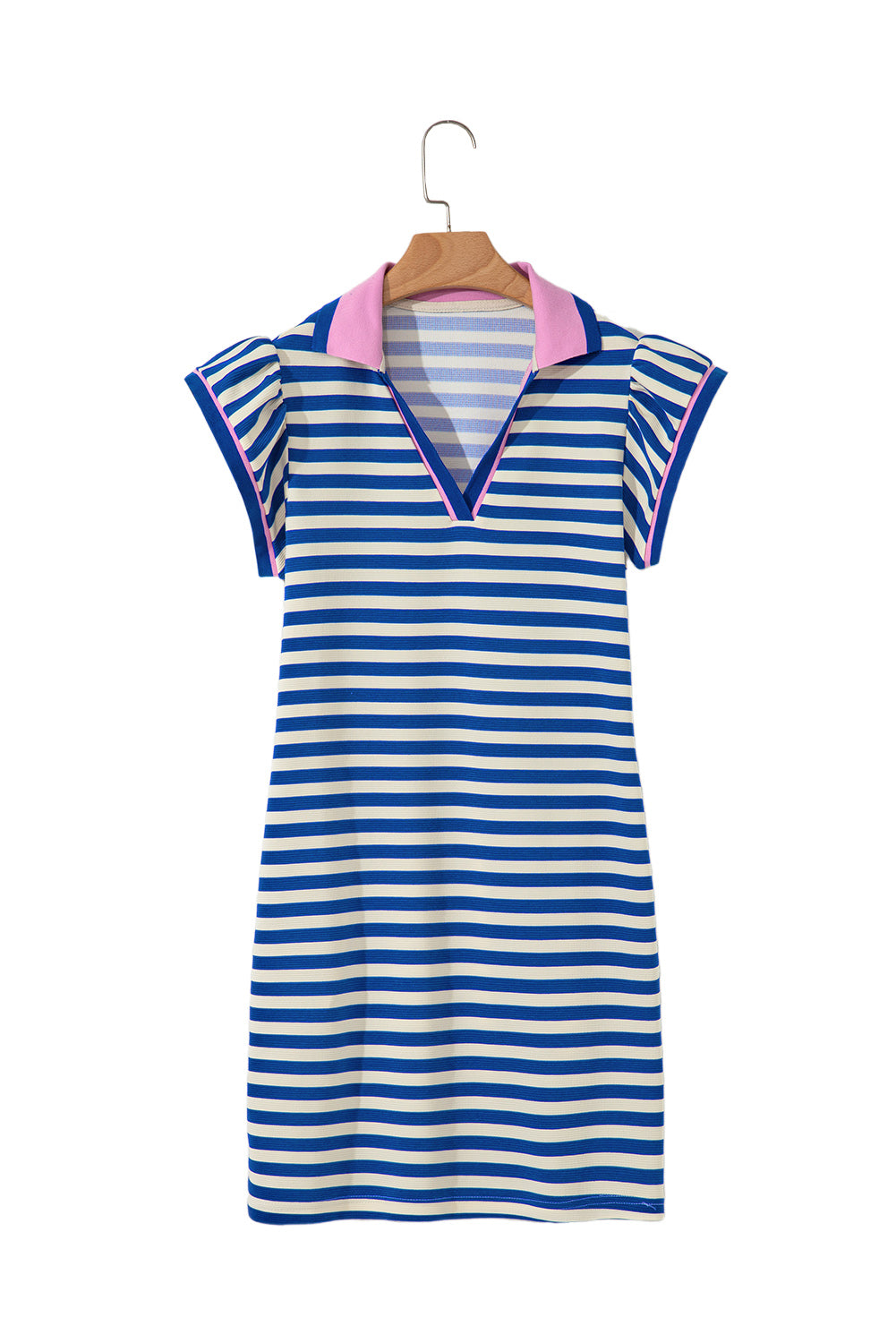 PRE-ORDER: Striped Ruffle Short Sleeve Pop of Color Neckline Dress