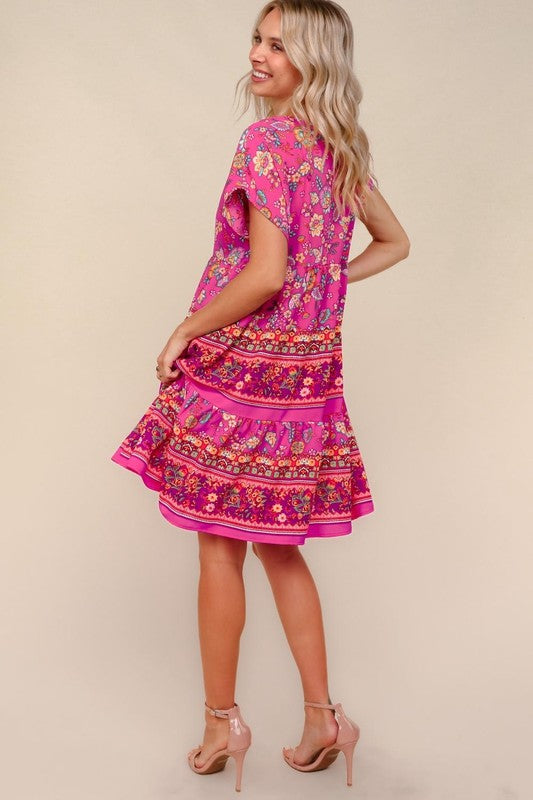 Boho Love Fuchsia Floral Print V Neck Dolman Sleeve Dress