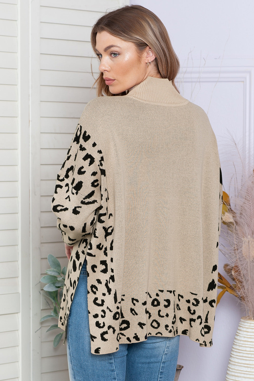 PRE-ORDER: Leopard Casual Side Slit High Neck Oversized Sweater