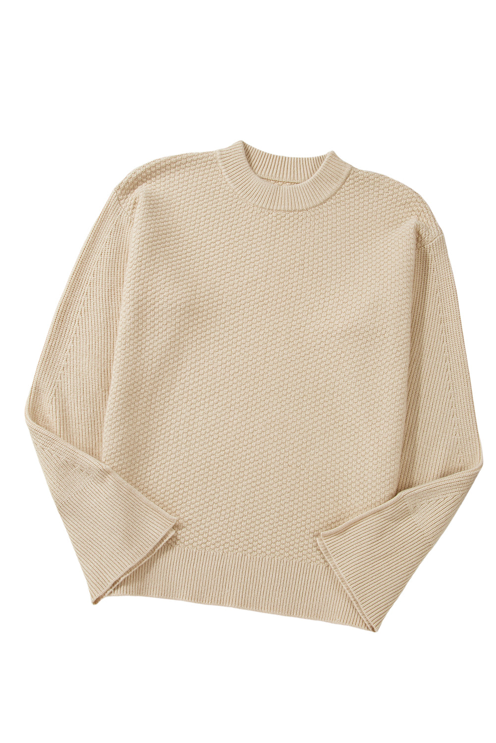 Solid Textured Knit Split Cuff Drop Shoulder Sweater