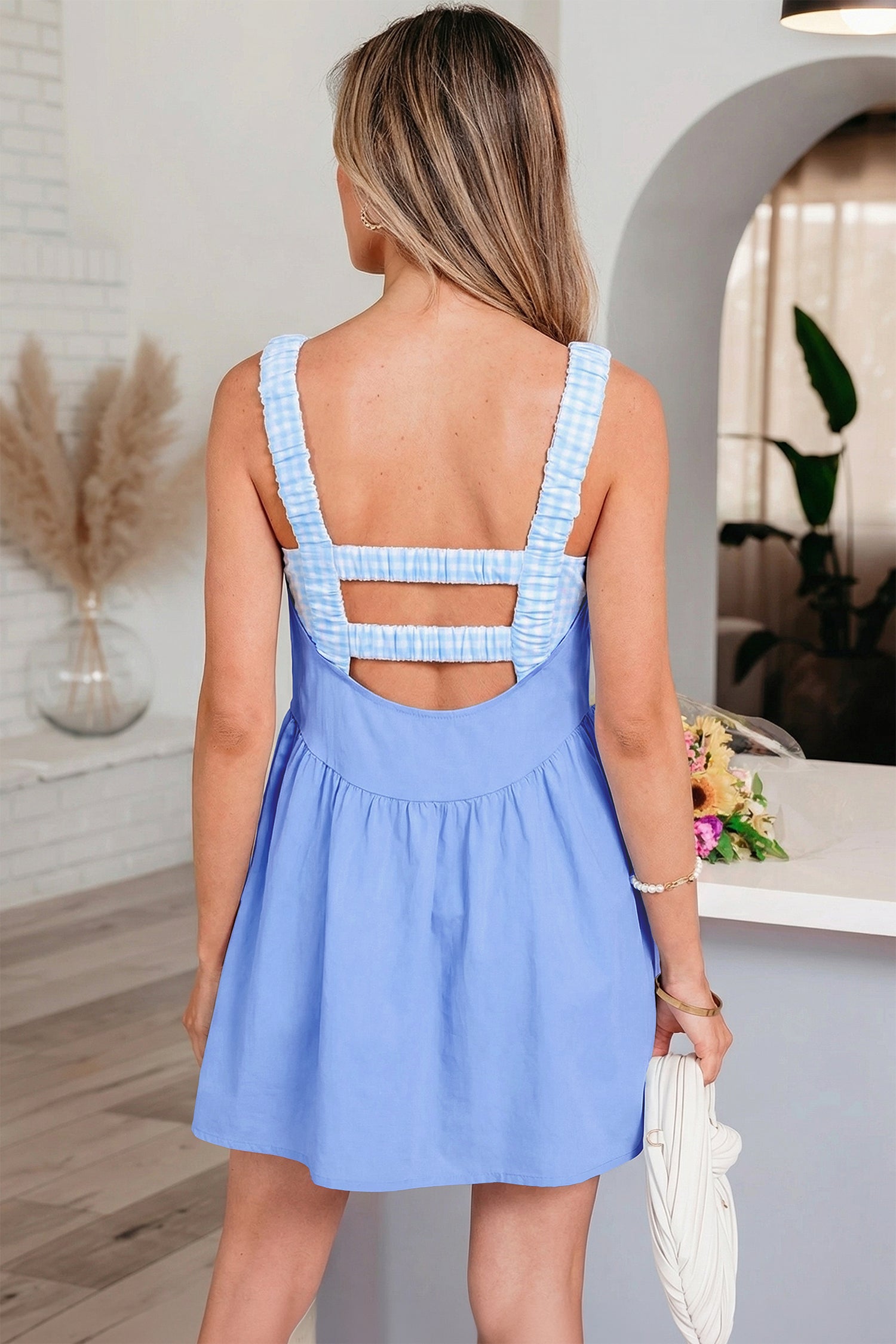 PRE-ORDER: Faux Two Piece Gingham Contrast Patchwork Mini Dress