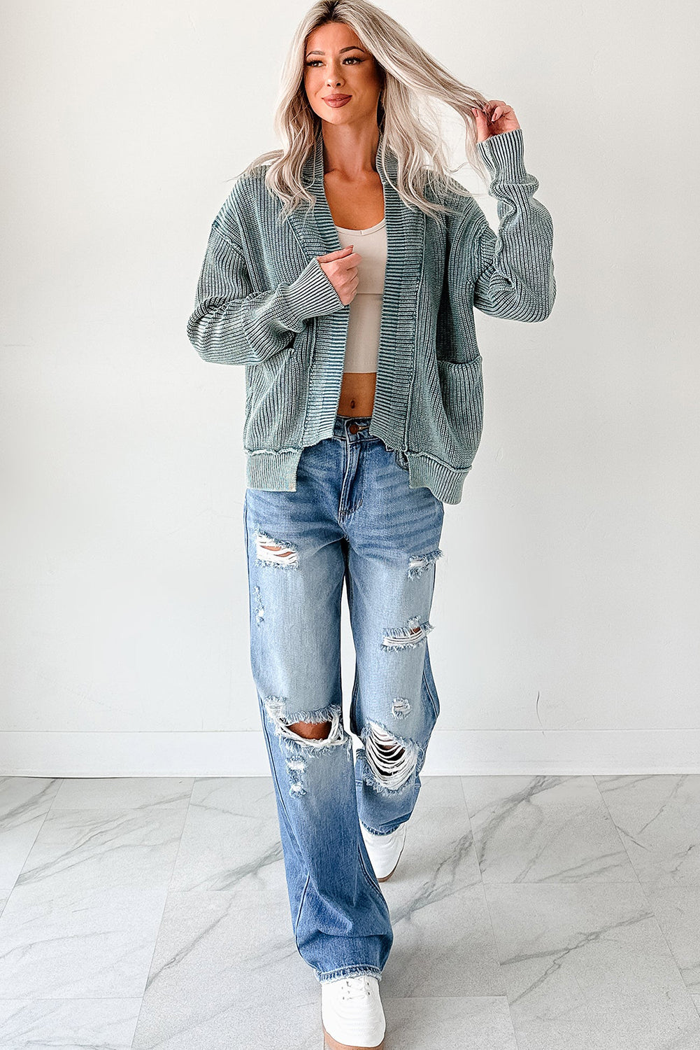 PRE-ORDER: Mineral Wash Exposed Seam Patchwork Knit Cardigan