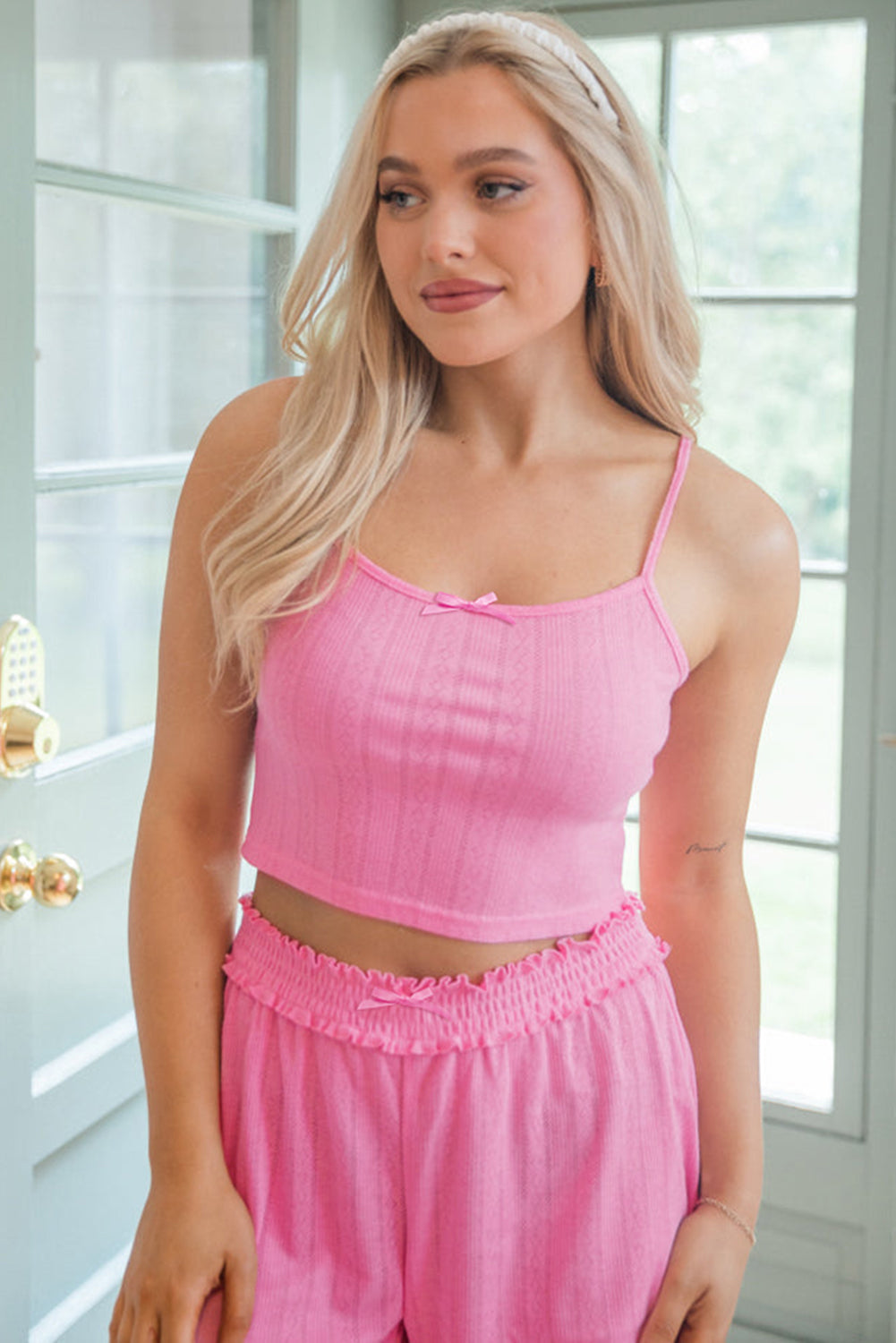 PRE-ORDER: Cropped Bow Cami Shorts and Cardigan 3pcs Pajama Set
