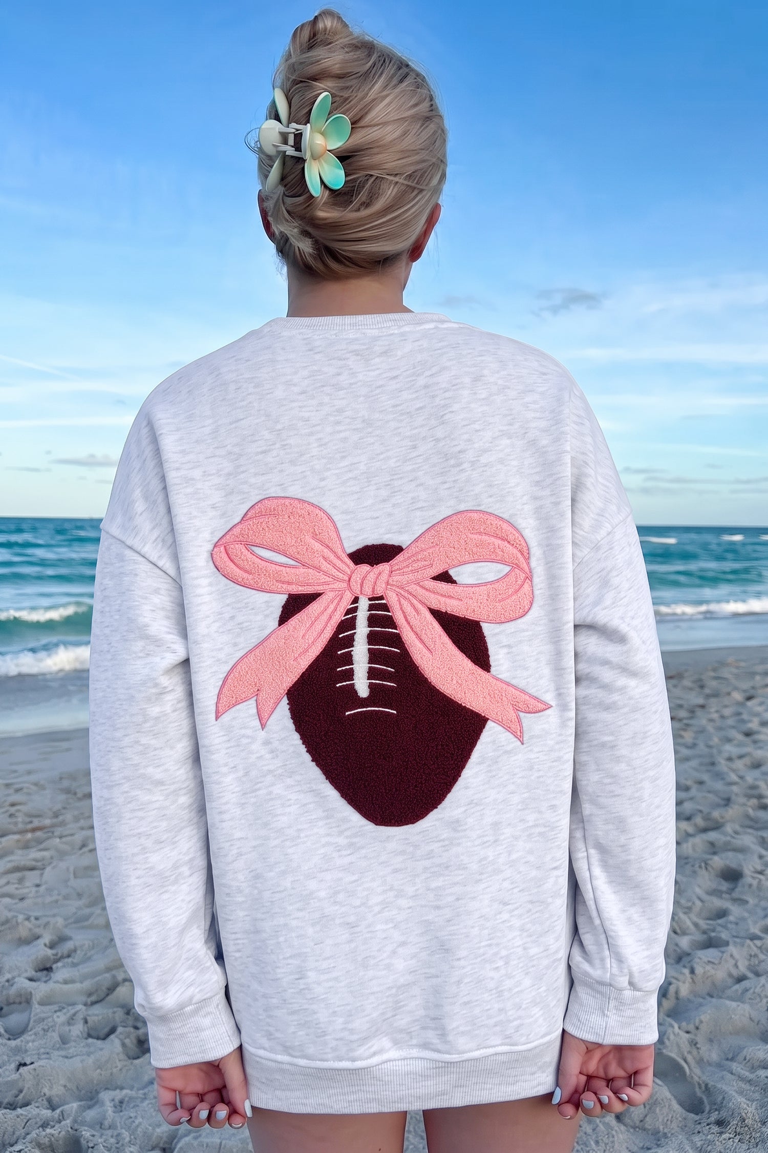 PRE-ORDER: Light Grey Football Bow Back Sweatshirt