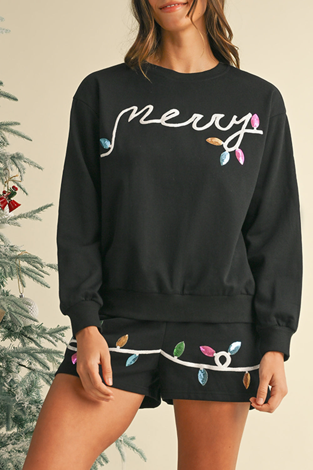 PRE-ORDER: Black Sequin Merry Graphic Pullover and Shorts Set