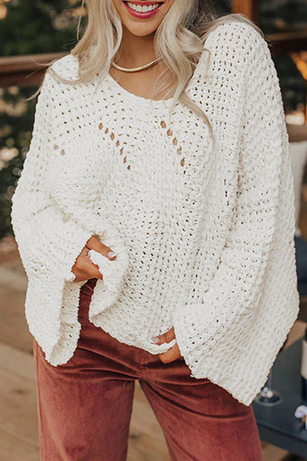 PRE-ORDER: Hollowed Detail Wide Sleeve Loose Pullover Sweater
