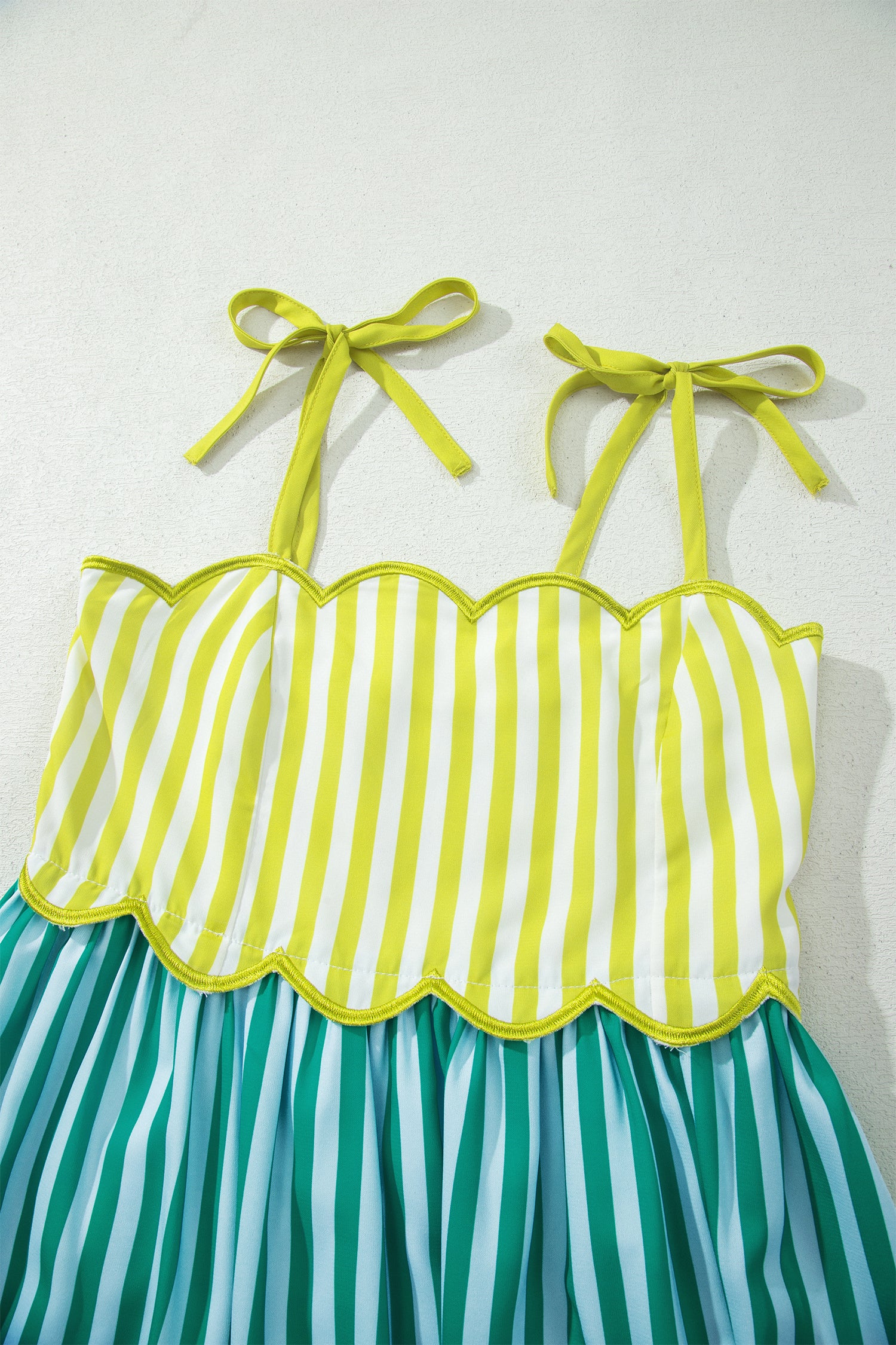 PRE-ORDER: Green Stripe Scalloped Contrast Knot Strap Midi Dress