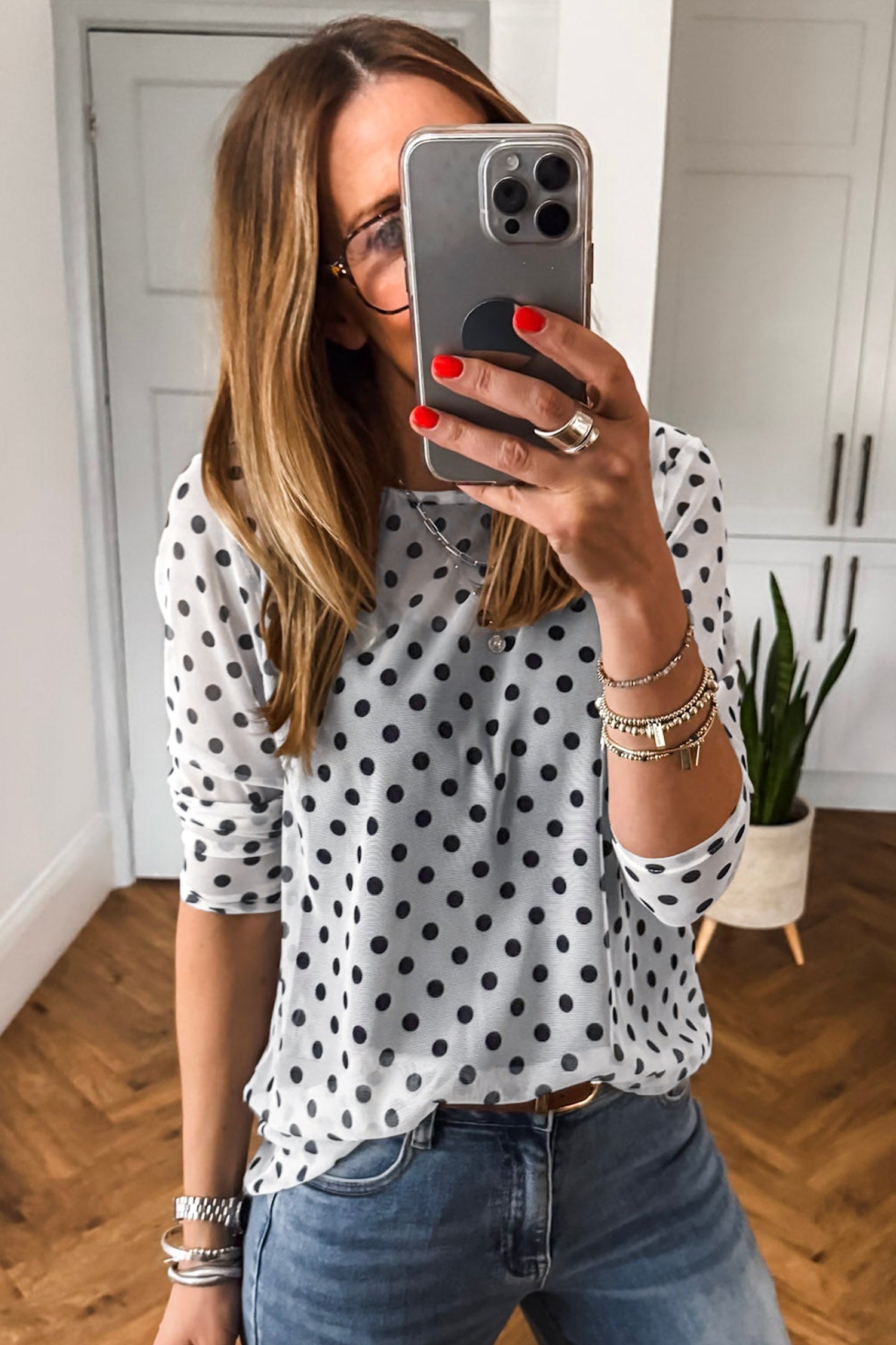 PRE-ORDER: Black Polka Dot Mesh Long Sleeve Top