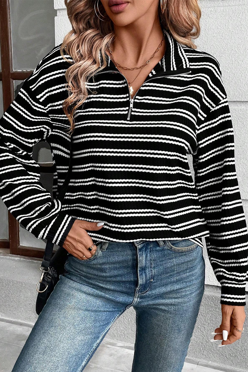 Black Stripe Textured Quarter Zip