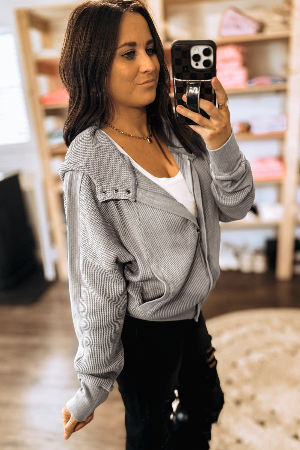 Waffle Splicing Zip Up Front Button Hooded Jacket