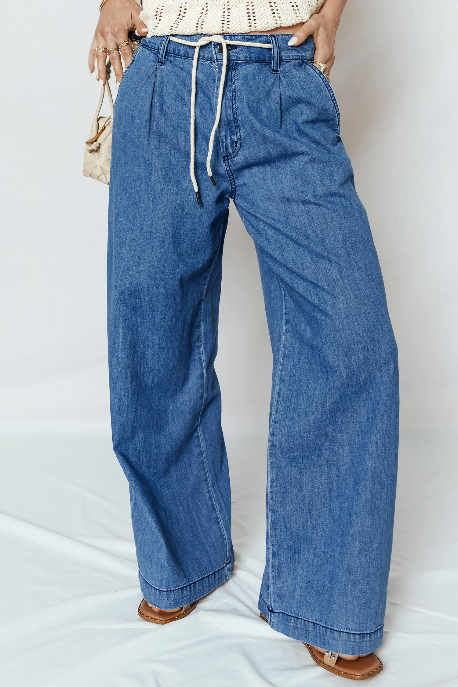 PRE-ORDER: Dusk Blue Lace-up Pull on Wide Leg Jeans