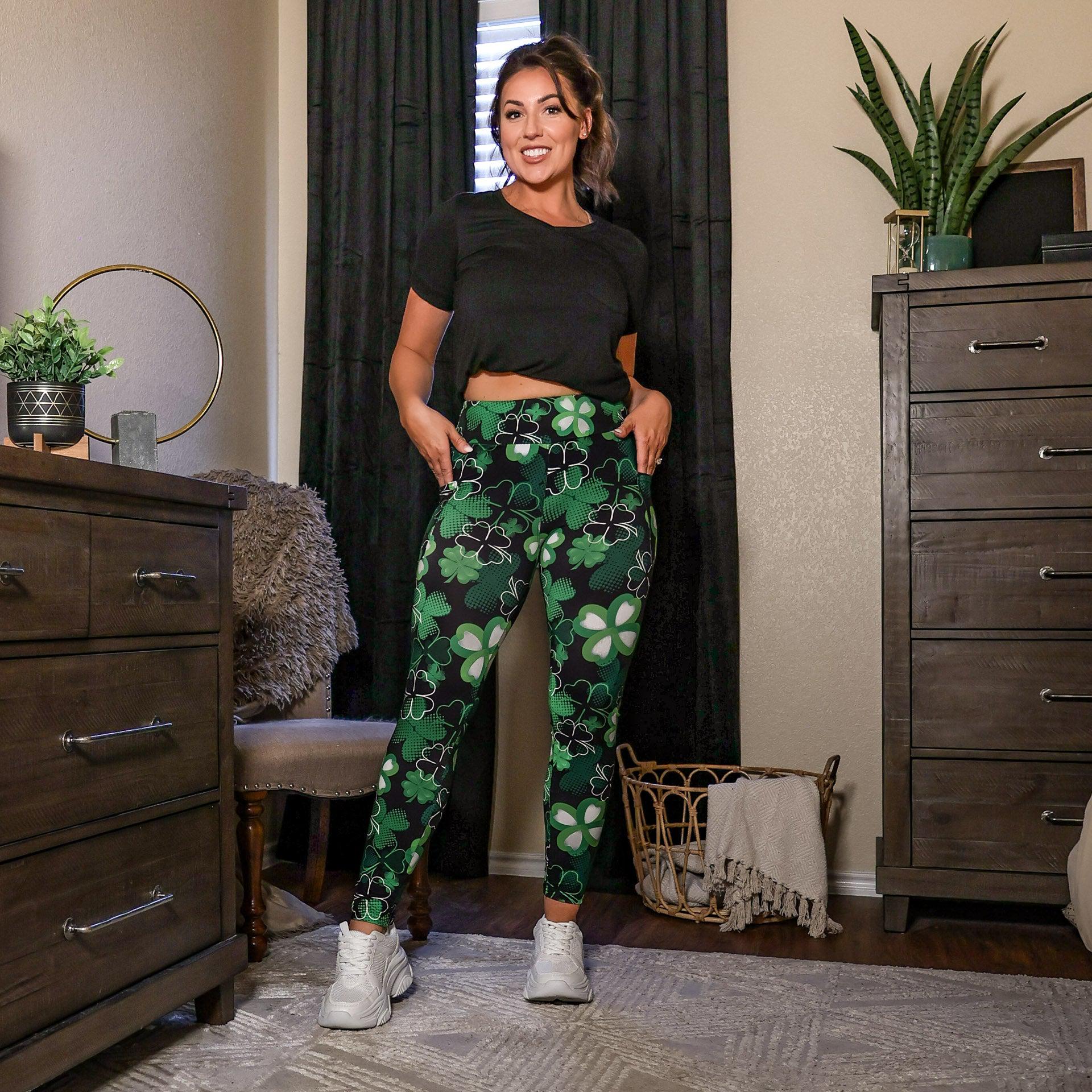 Buttery soft shamrock leggings for women by Julia Rose Festive green St. Patrick’s Day leggings