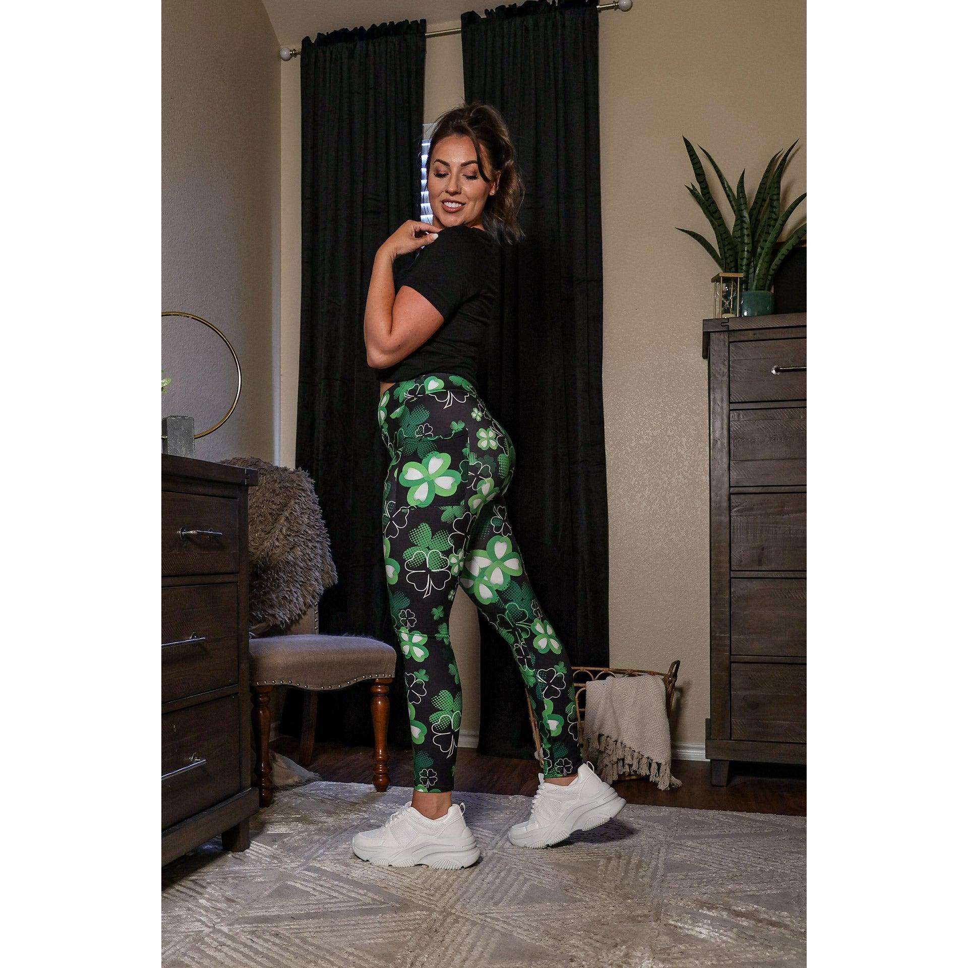Buttery soft shamrock leggings for women by Julia Rose Festive green St. Patrick’s Day leggings