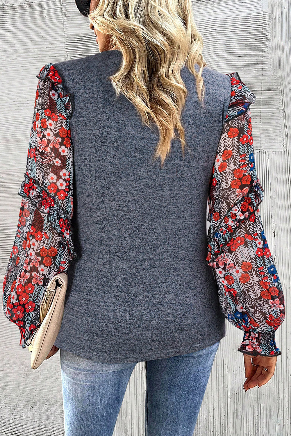 Floral Ruffle Sleeve Patchwork Top