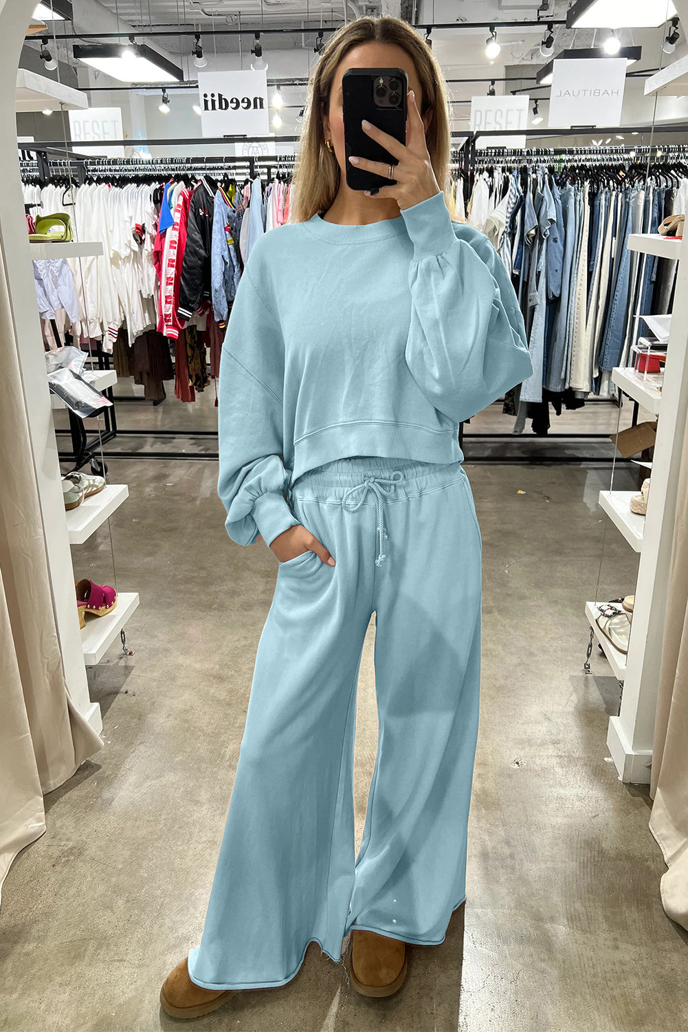 Drop Shoulder Crop Pullover Drawstring Wide Leg Pants Set