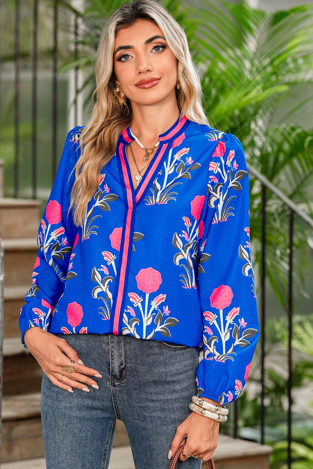 PRE-ORDER: Blue Floral Print Pop Of Color V Neck Puff Sleeve Blouse