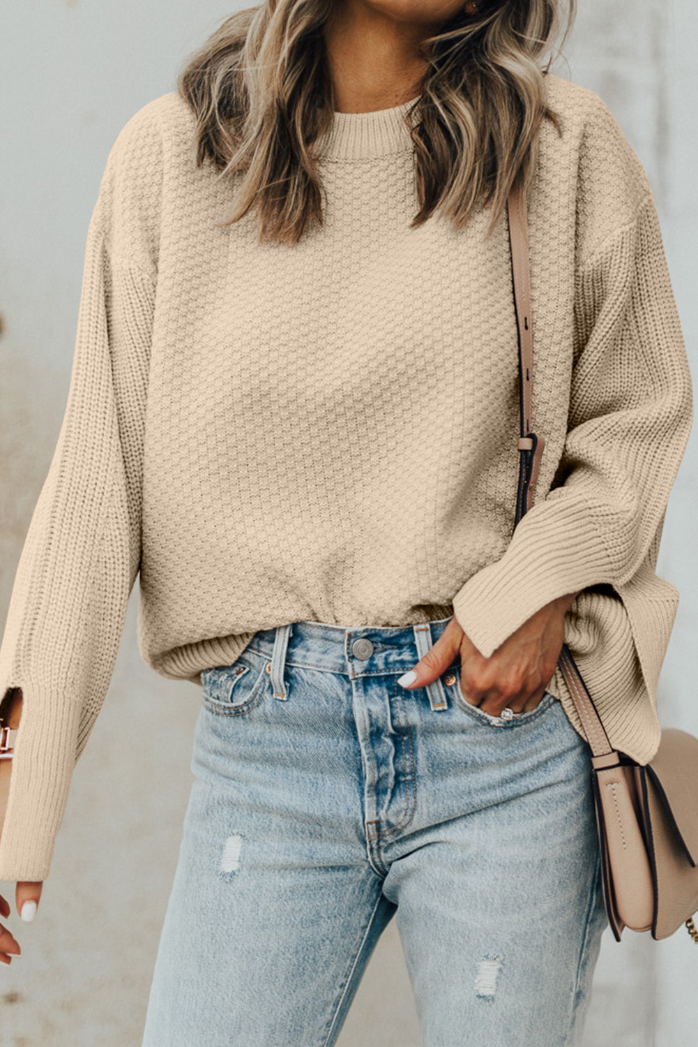 Solid Textured Knit Split Cuff Drop Shoulder Sweater