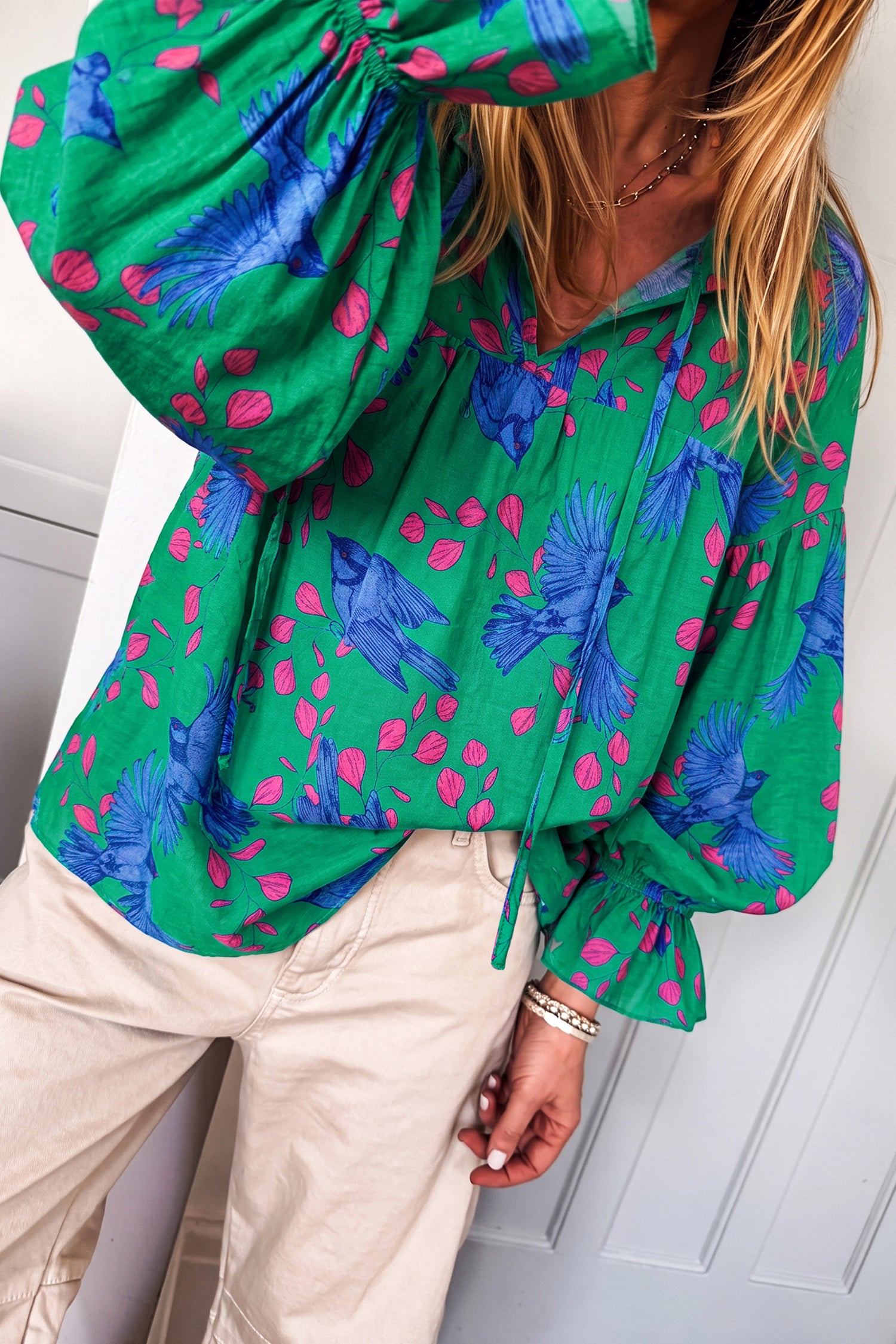 PRE-ORDER: Green Abstract Print Puff Sleeve Blouse