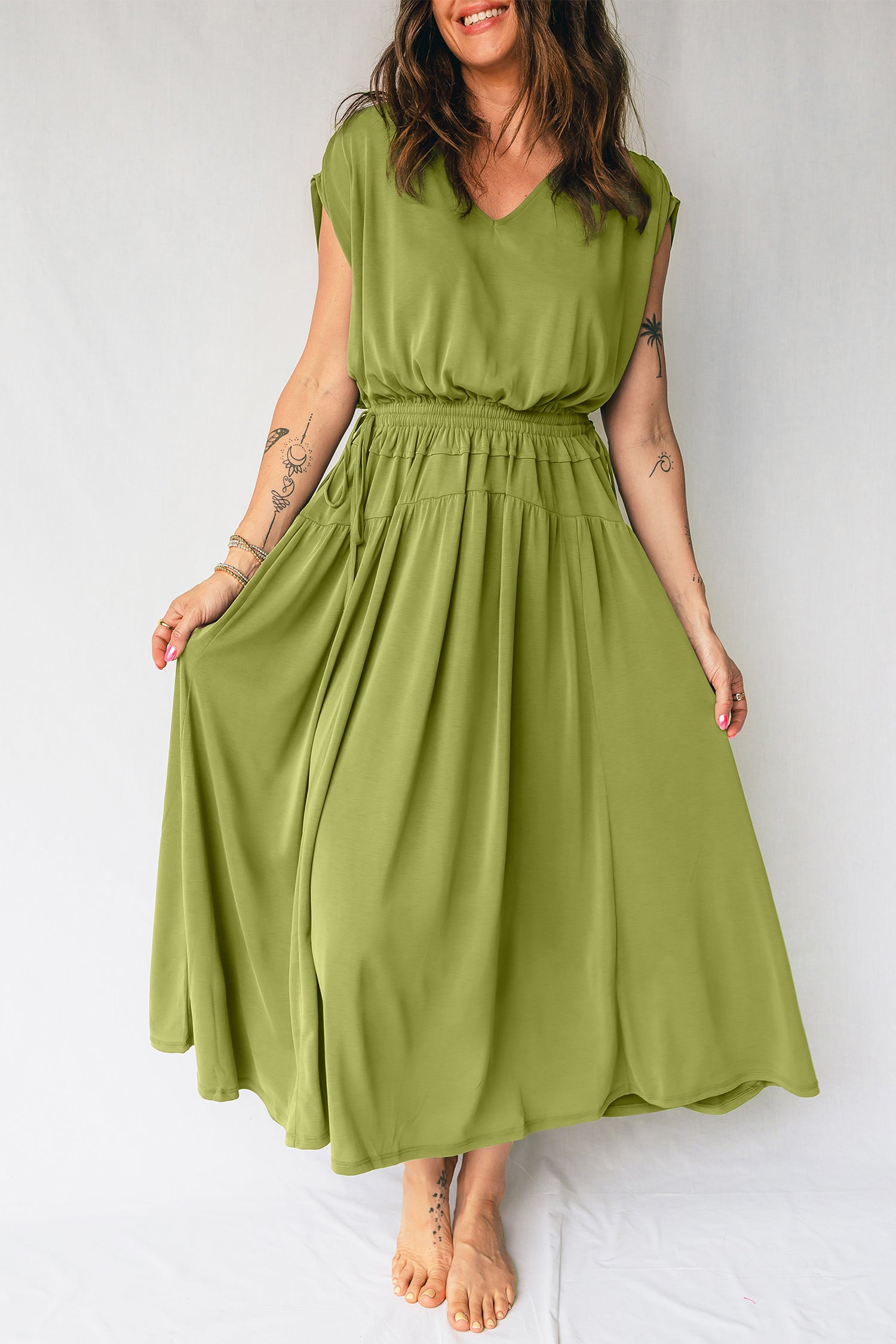 PRE-ORDER: Solid V Neck Cap Sleeve Tunic Elastic Waist Maxi Dress