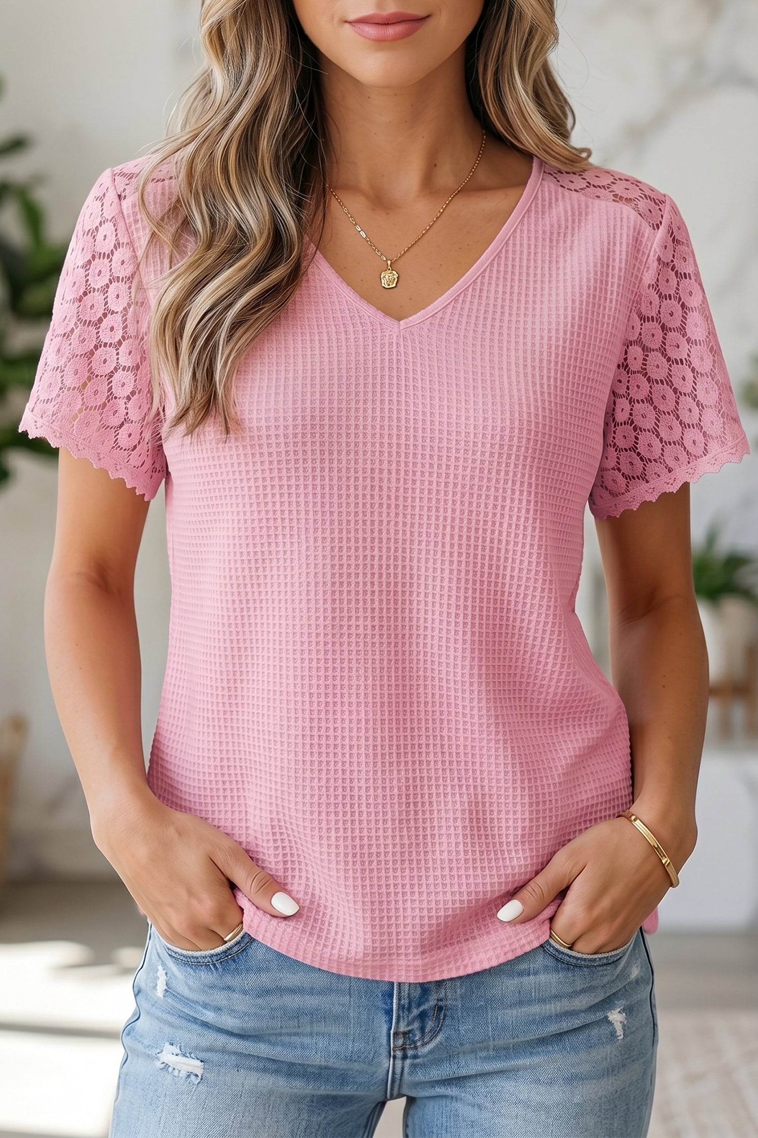 PRE-ORDER: Lace Splicing Button V Neck Waffle Knit Blouse