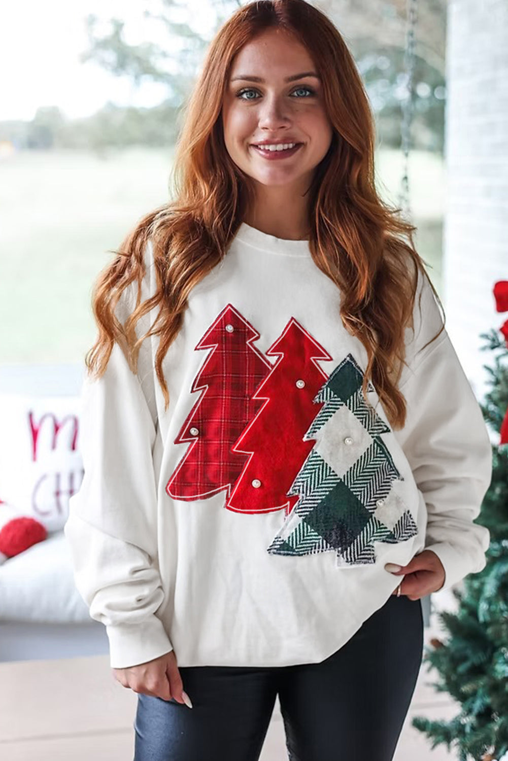 PRE-ORDER: White Pearl Plaid Christmas Tree Patched Drop Shoulder Sweatshirt