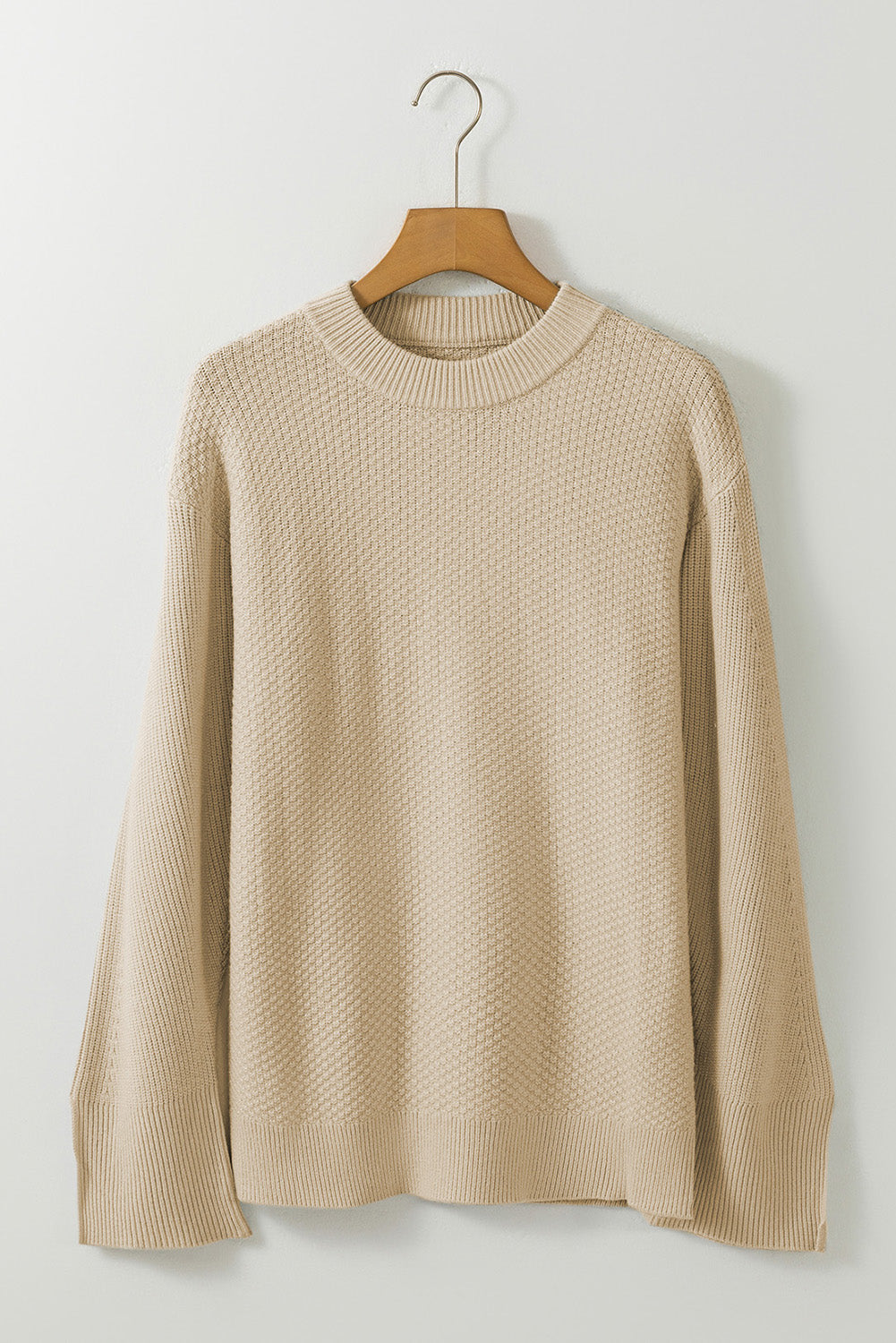 Solid Textured Knit Split Cuff Drop Shoulder Sweater