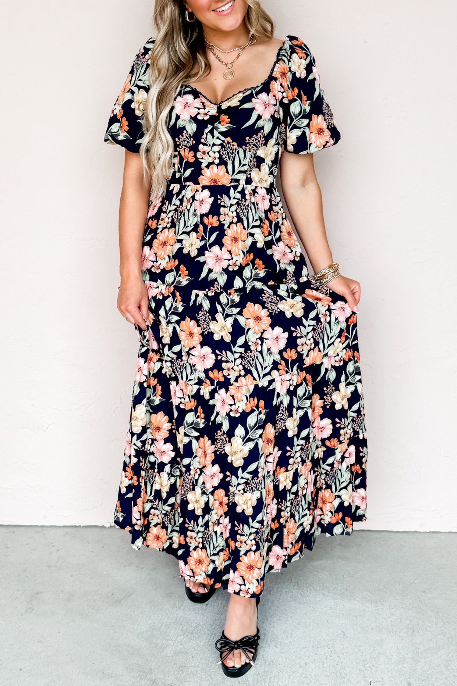 PRE-ORDER: Blue Short Sleeve Smocked Detail High Waist Floral Maxi Dress
