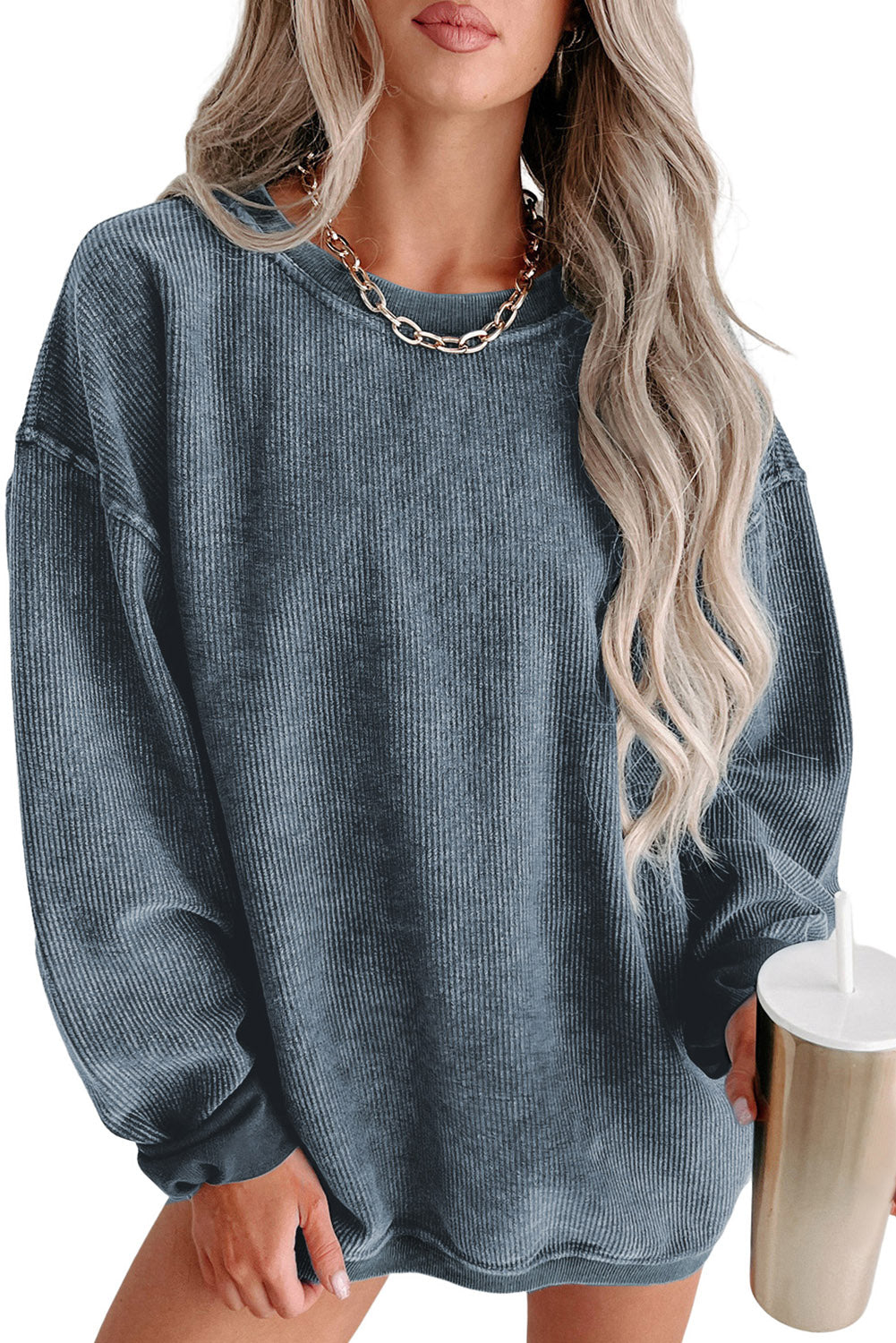Solid Ribbed Knit Round Neck Pullover Sweatshirt